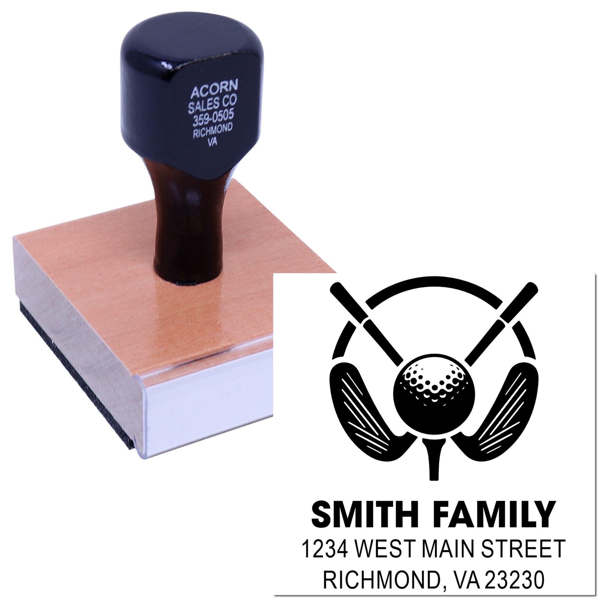 Personalized golf family address rubber stamp with custom return address and golfer logo for home mailings and stationery