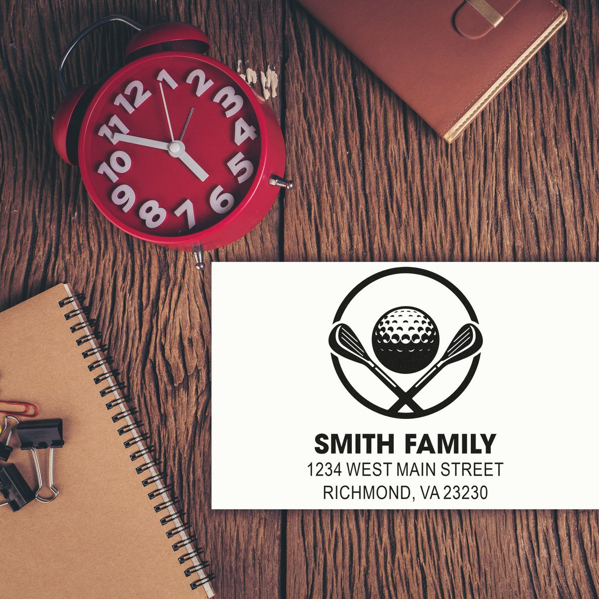 Custom rubber stamp design with family golf logo, name and address for personalized return address and branding.