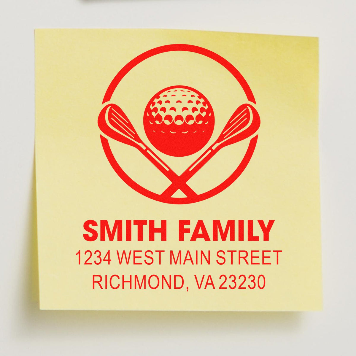 Custom golf return address rubber stamp with crossed clubs and golf ball for Smith Family, Richmond, VA.