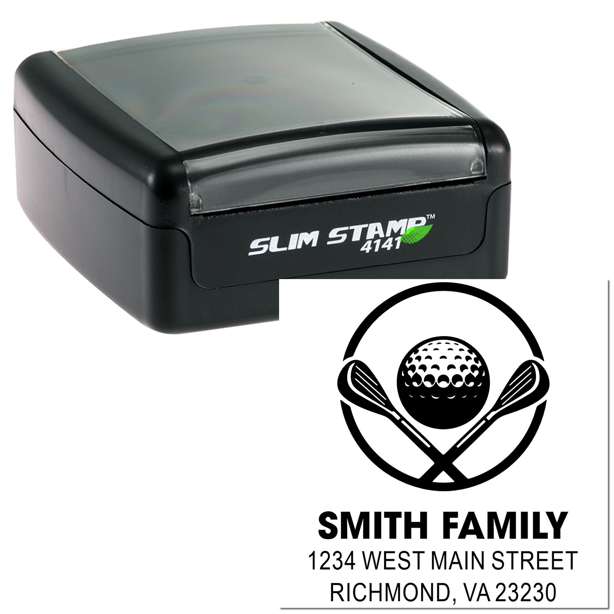 Slim Stamp 4141 self-inking address stamp with custom golf logo, Smith family return address, Richmond, VA.