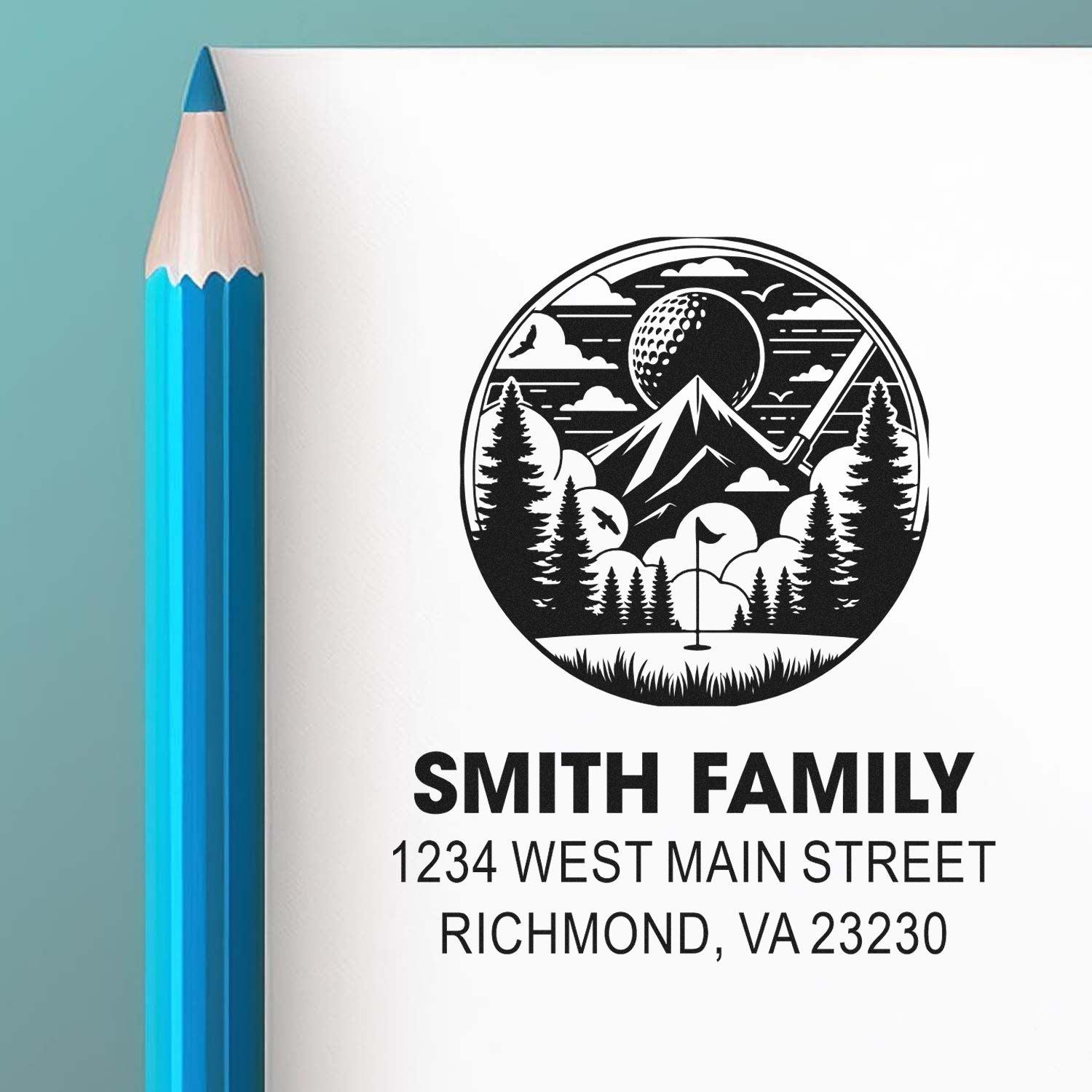 Custom Smith Family return address rubber stamp with golf-themed mountain logo and Richmond, VA address.
