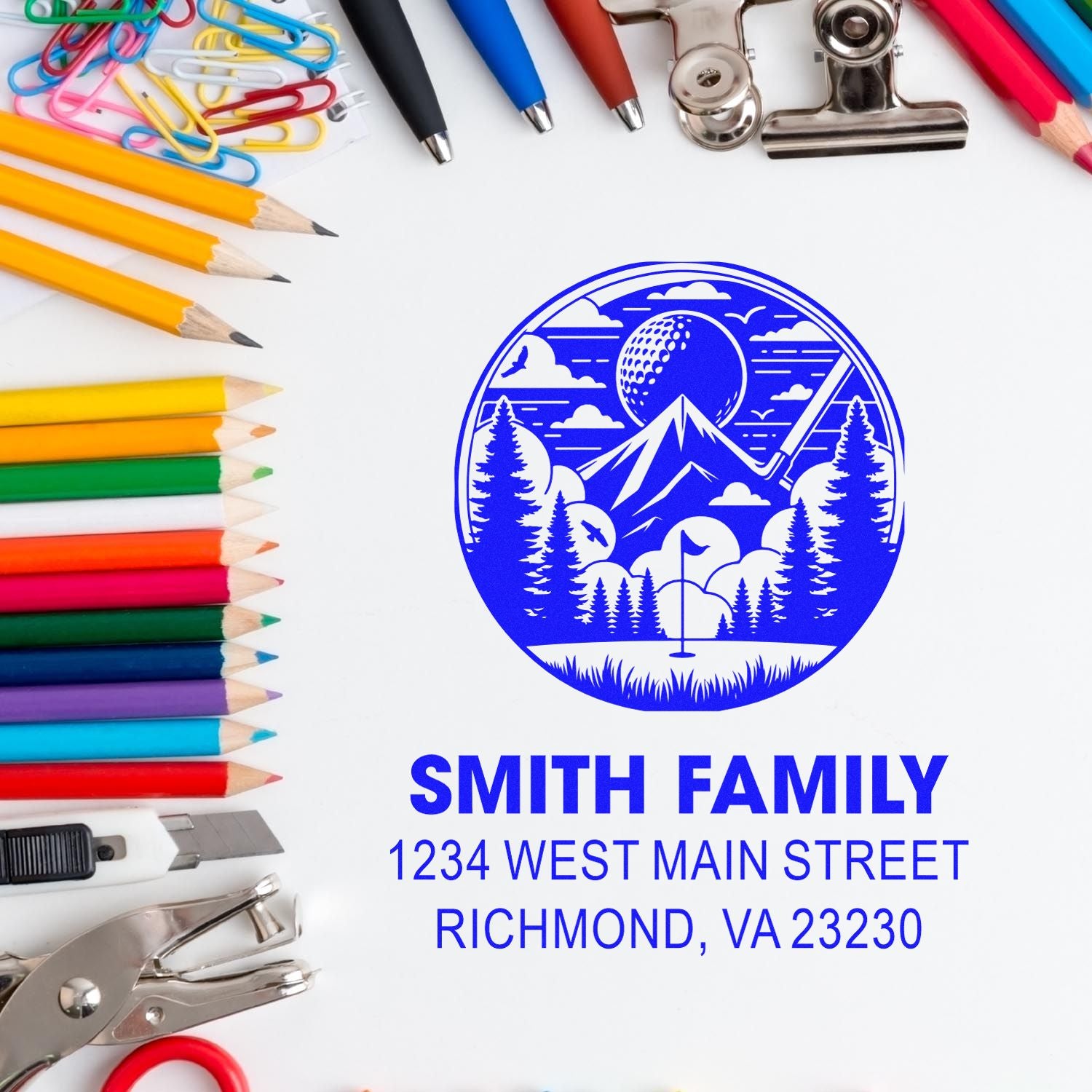 Personalized rubber return address stamp with golf scene, Smith Family name, and Richmond, VA address.