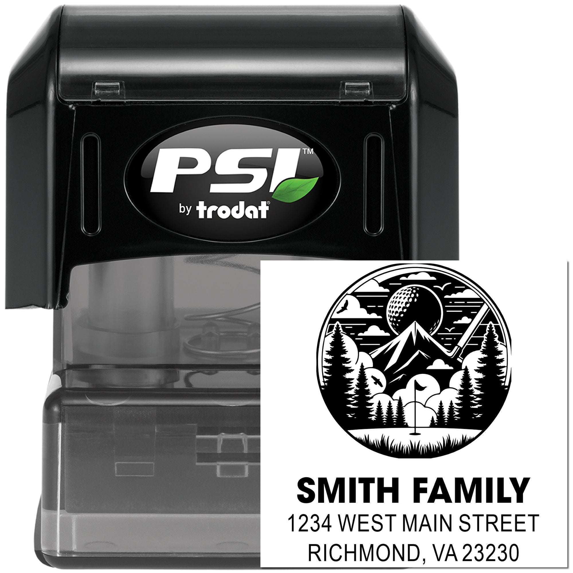 Custom PSI by Trodat self-inking rubber stamp with mountain golf logo and Smith Family Richmond, VA return address design.