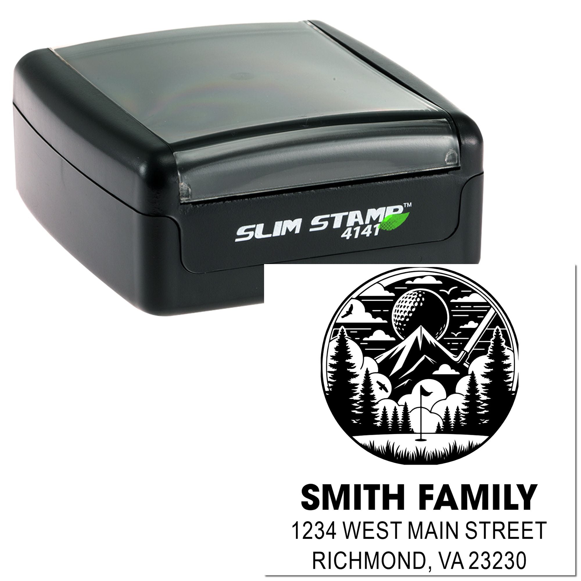 Self-inking Slim Stamp 4141 custom return address rubber stamp with golf-themed Smith Family design.