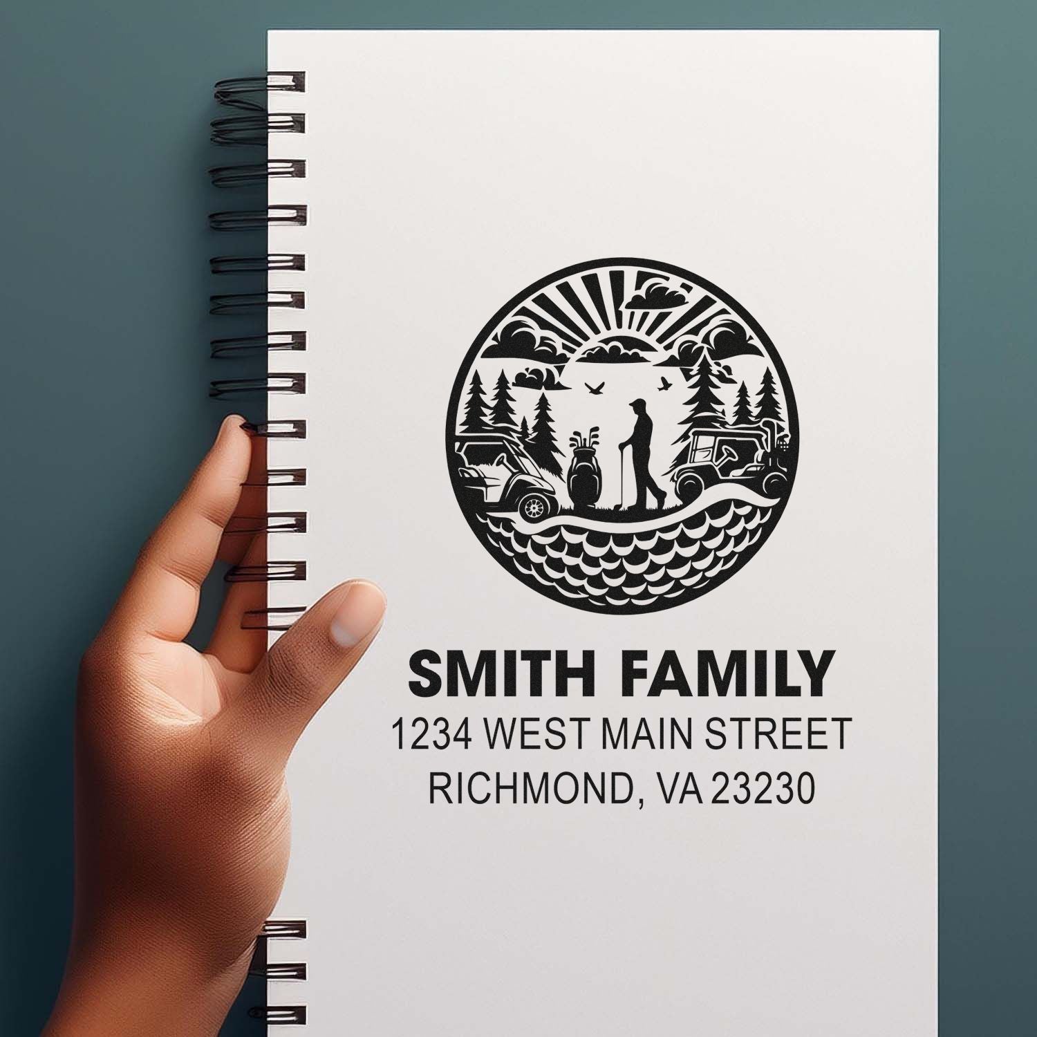 Custom family return address rubber stamp with camping and outdoor motif, featuring Smith family name and Richmond, VA address.