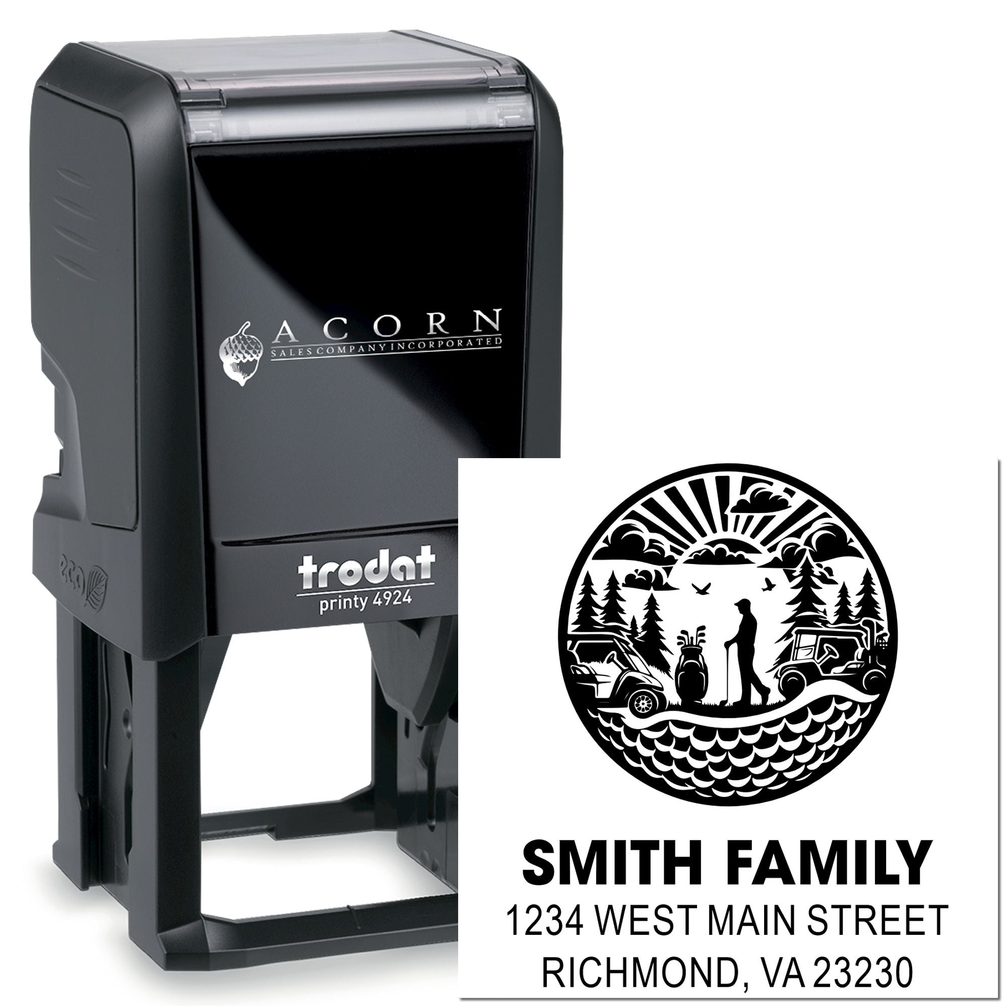 Custom self-inking rubber address stamp with family logo design, Smith family name, and mailing address on Trodat Printy stamp.
