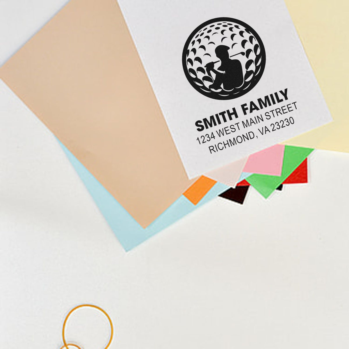 Custom family return address rubber stamp with golf logo for mailing envelopes and personal stationery