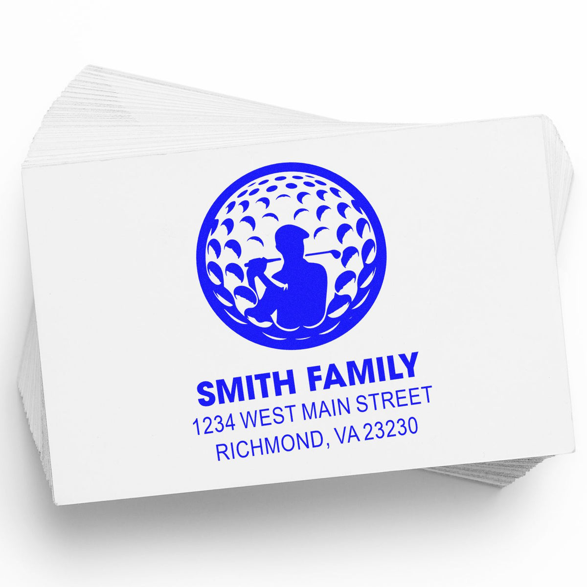 Custom golf return address rubber stamp with Smith family name and Richmond, VA address on stacked cards