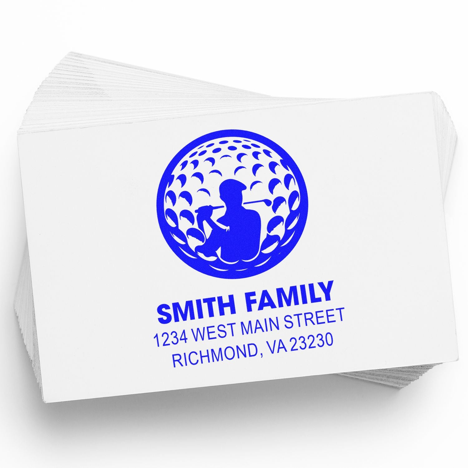 Custom family return address rubber stamp with golfer logo, Smith Family name, and Richmond, VA address.
