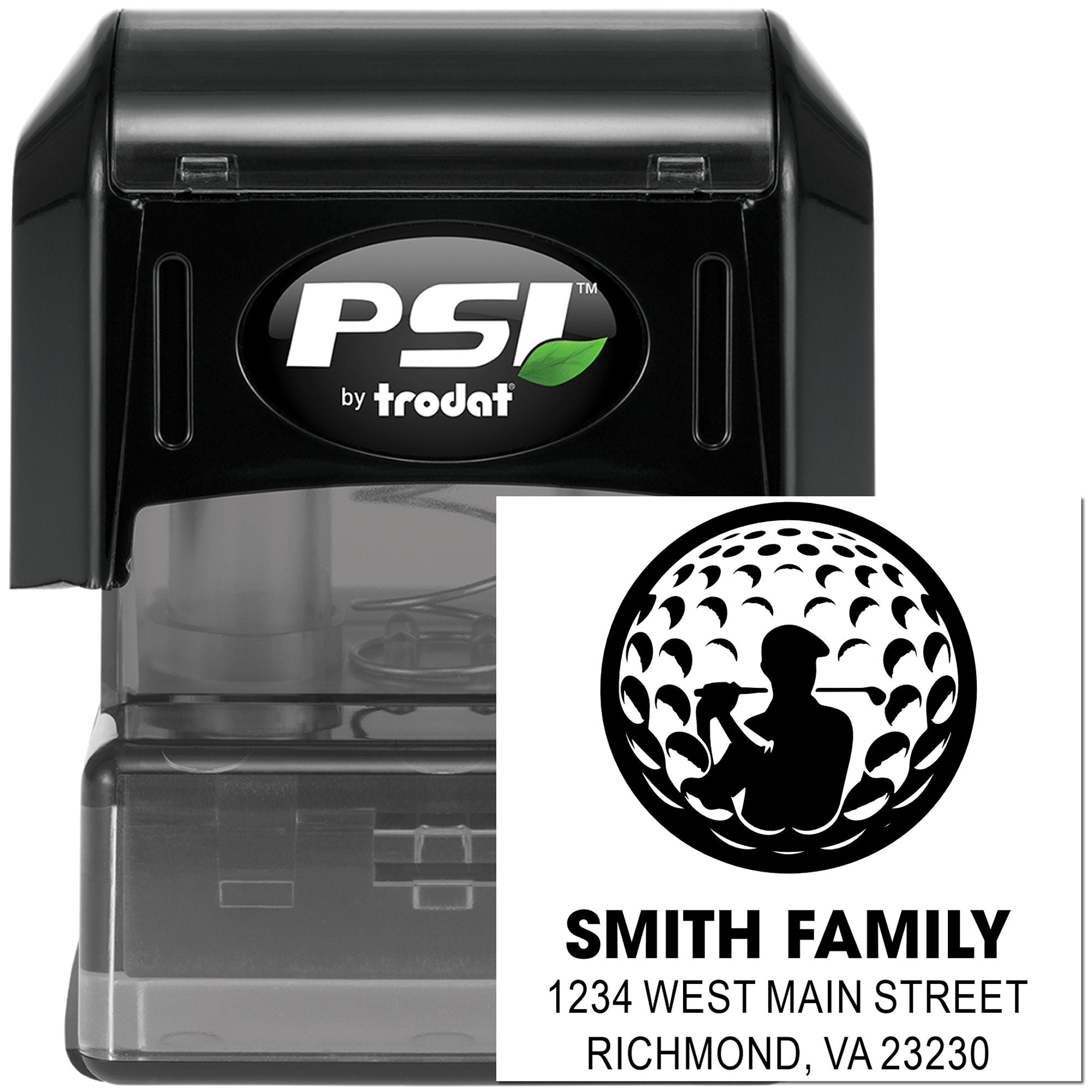Custom self-inking rubber address stamp for the Smith Family, featuring a golfer design and return mailing address.