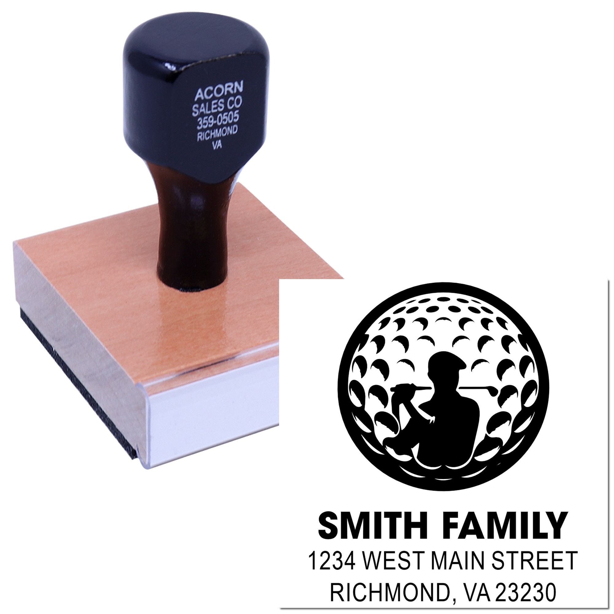 Custom return address rubber stamp with golf family logo and personalized name, street address, and Richmond, VA imprint