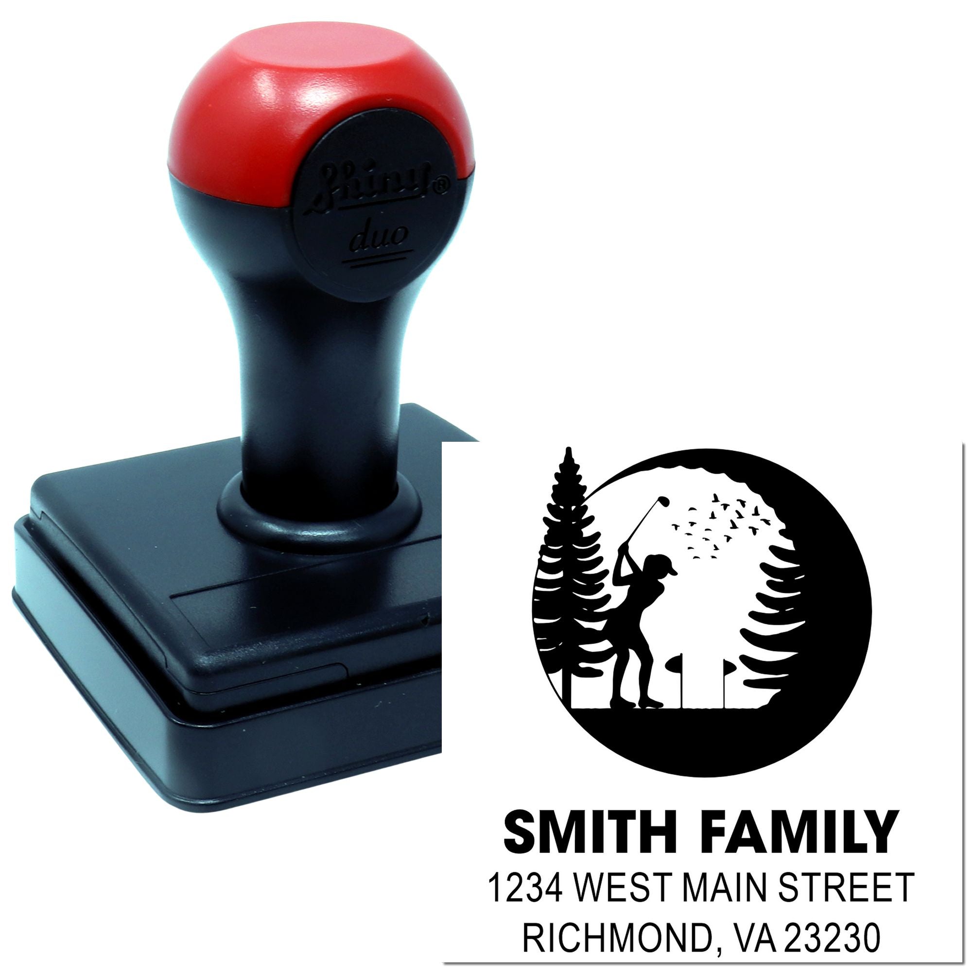 Personalized return address rubber stamp with golfer family logo, Smith family name, and Richmond, VA address