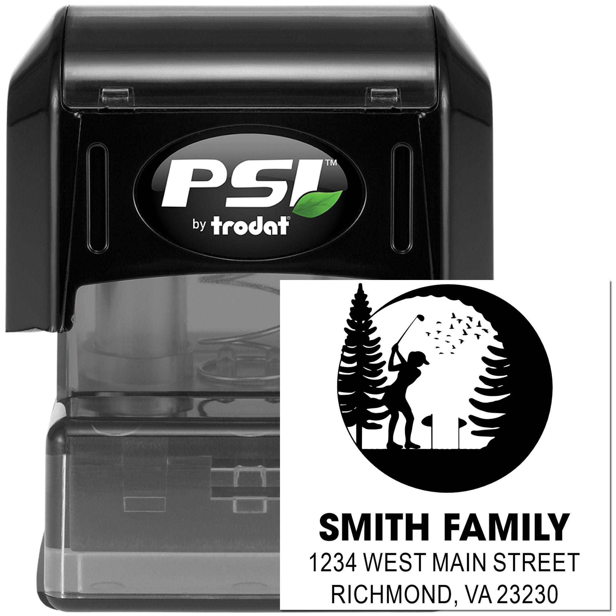 PSI by Trodat custom self-inking rubber address stamp with family name, golf design, and return address for personalized mailing.