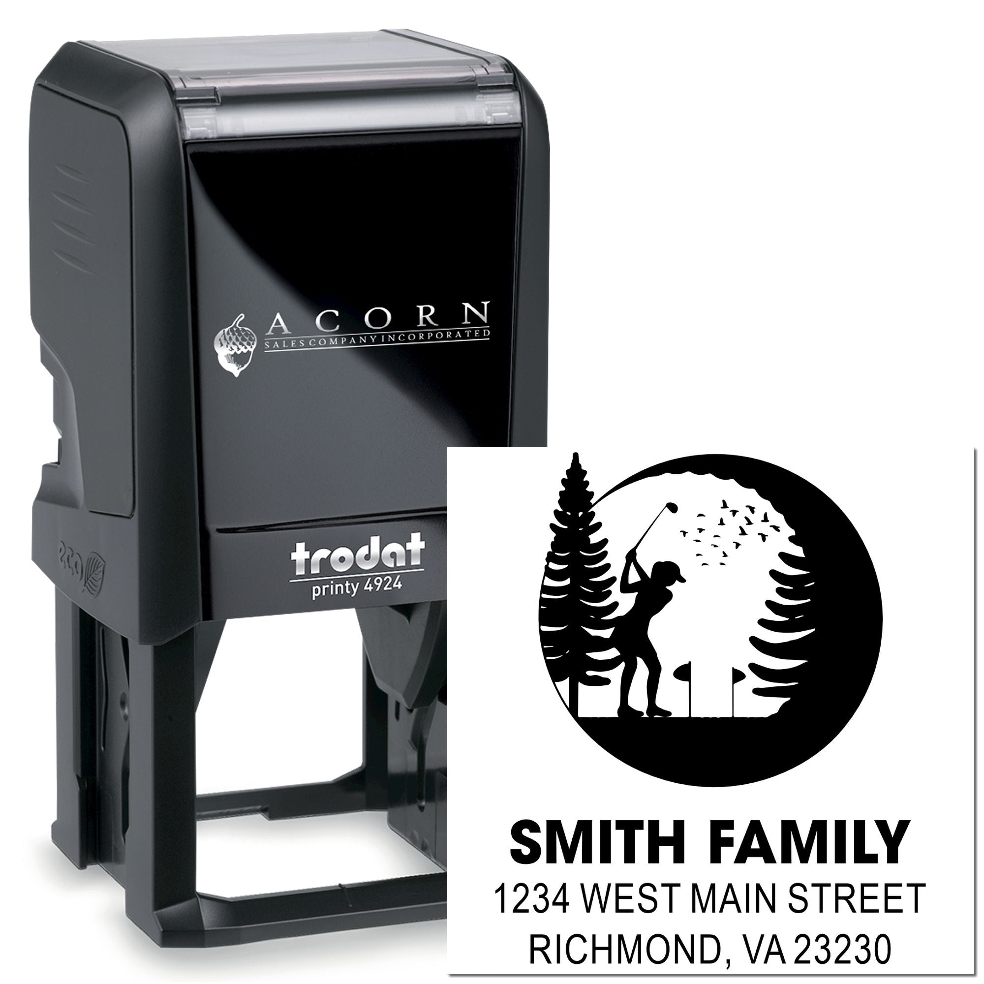 Custom self-inking Trodat Printy 4924 rubber address stamp with Smith Family golf silhouette design