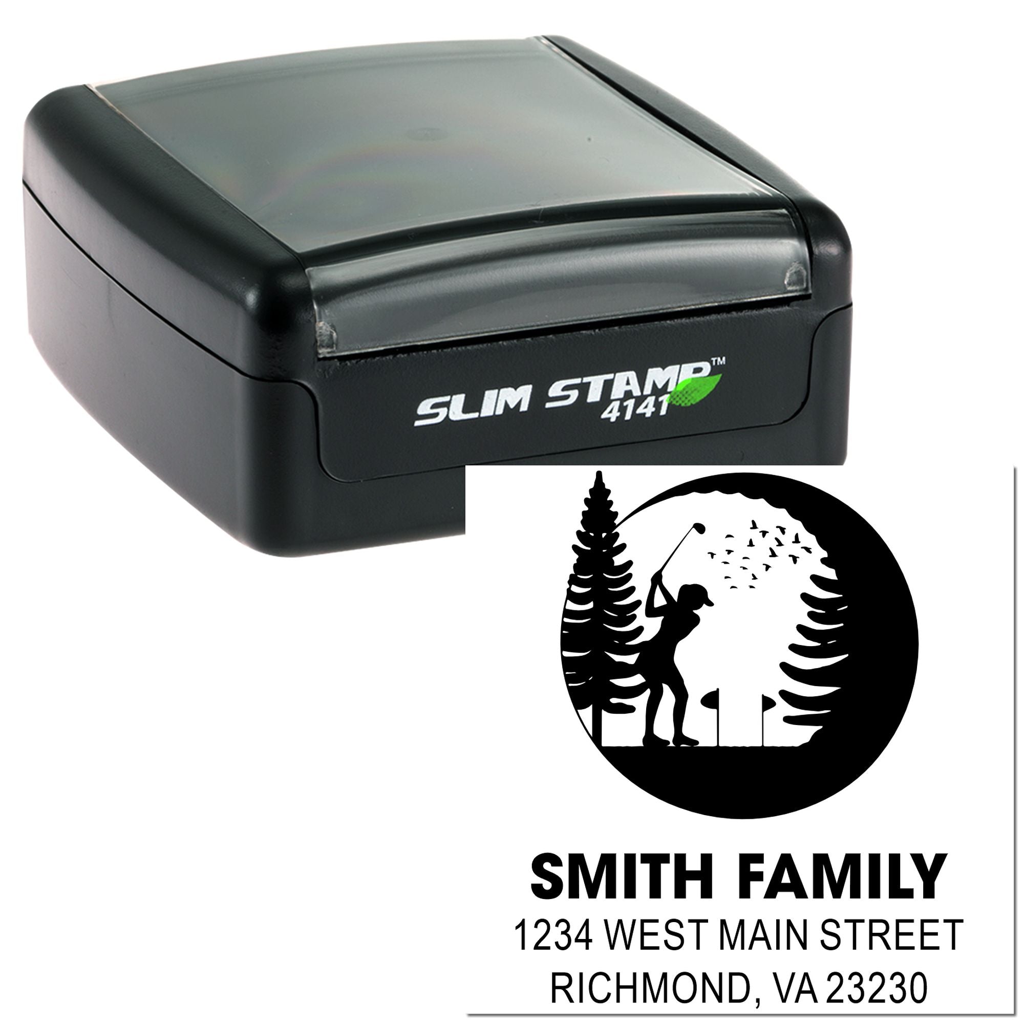 Custom self-inking rubber stamp with family golf logo and return address for personalized mailing.