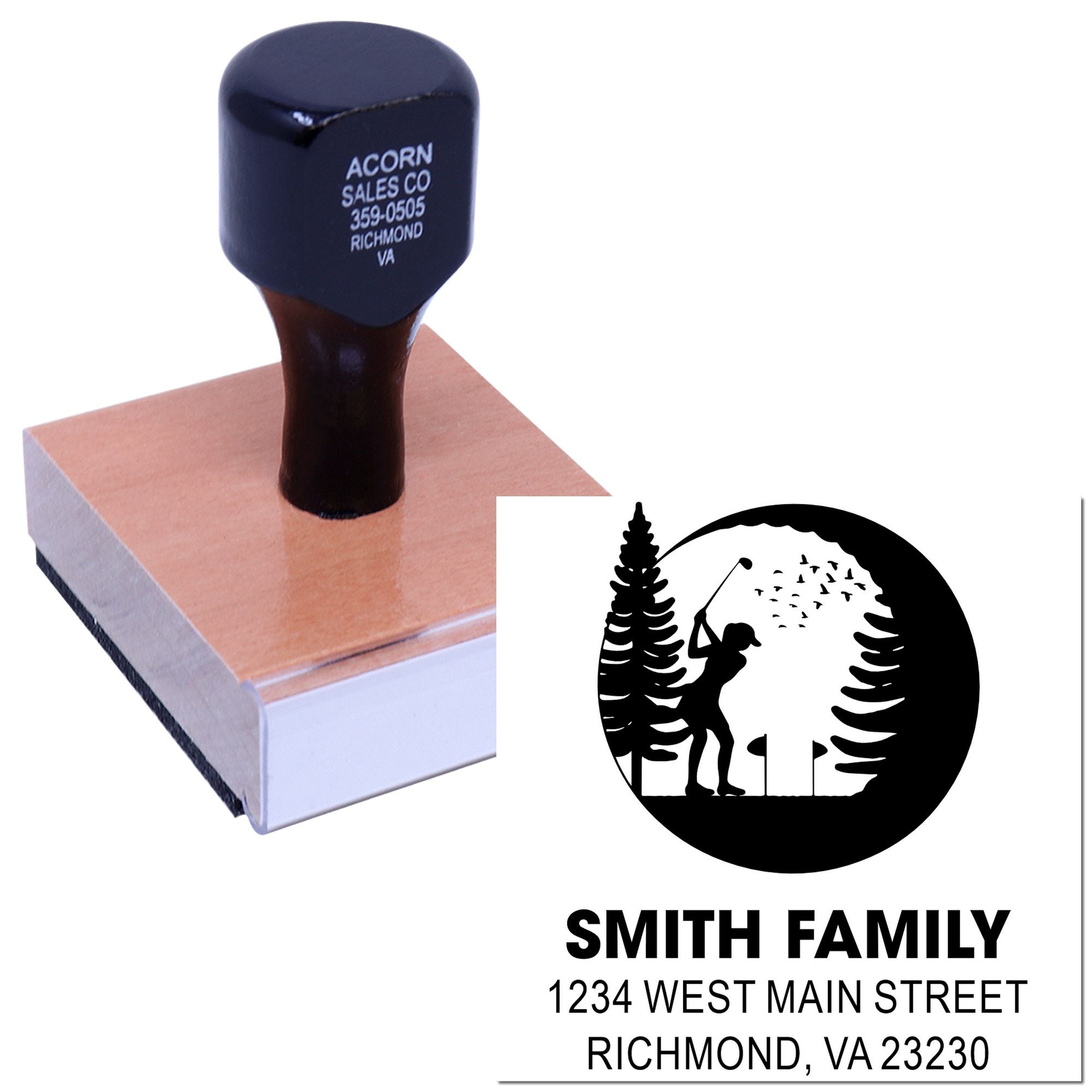 Personalized return address rubber stamp with golfer logo for Smith Family, Richmond, VA 23230.