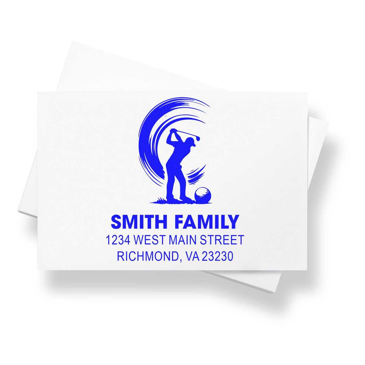 Custom family address rubber stamp with golfer design, Smith Family name, and Richmond, VA return address for mailing.