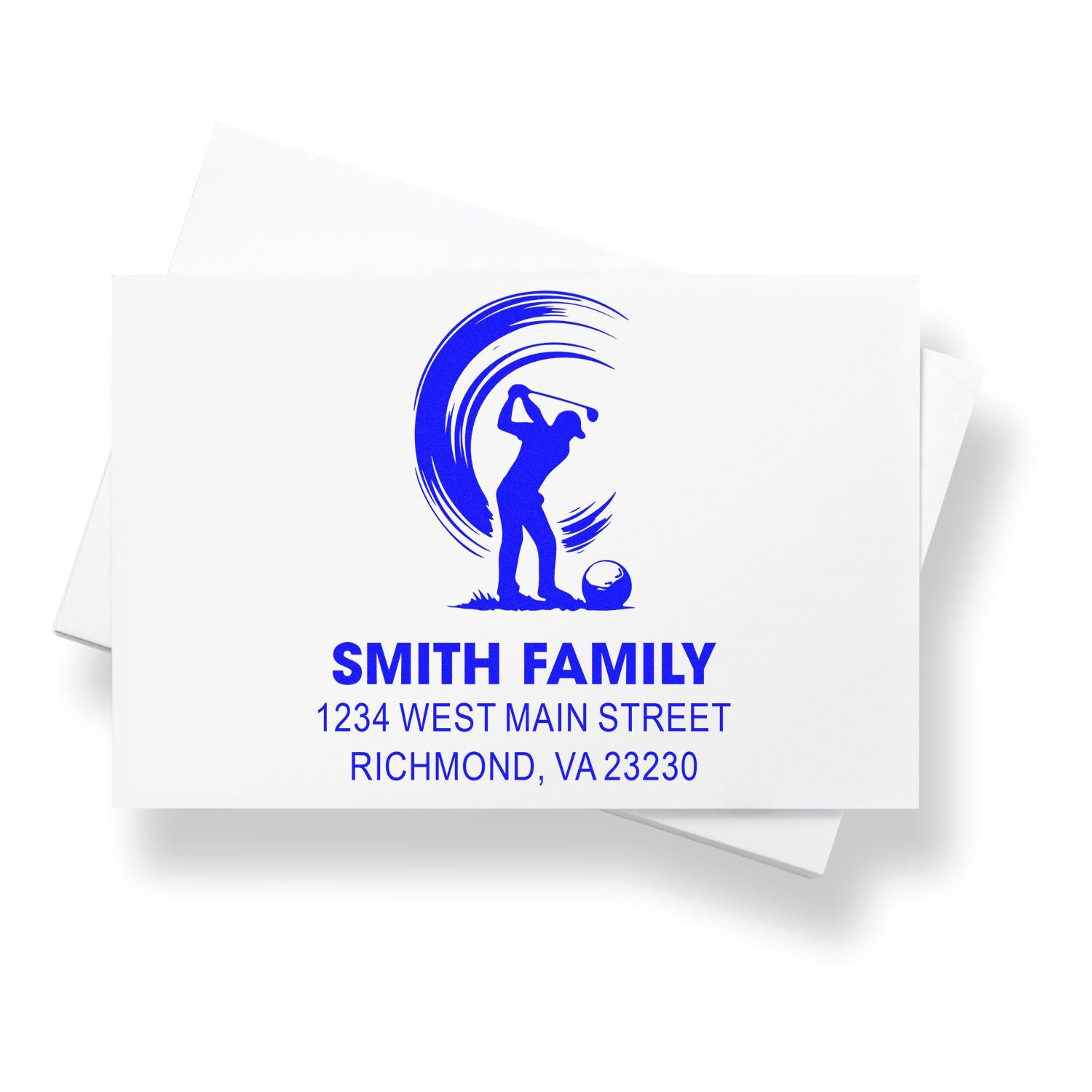 Custom golf return address rubber stamp for Smith Family, with golfer design and Richmond, VA address.