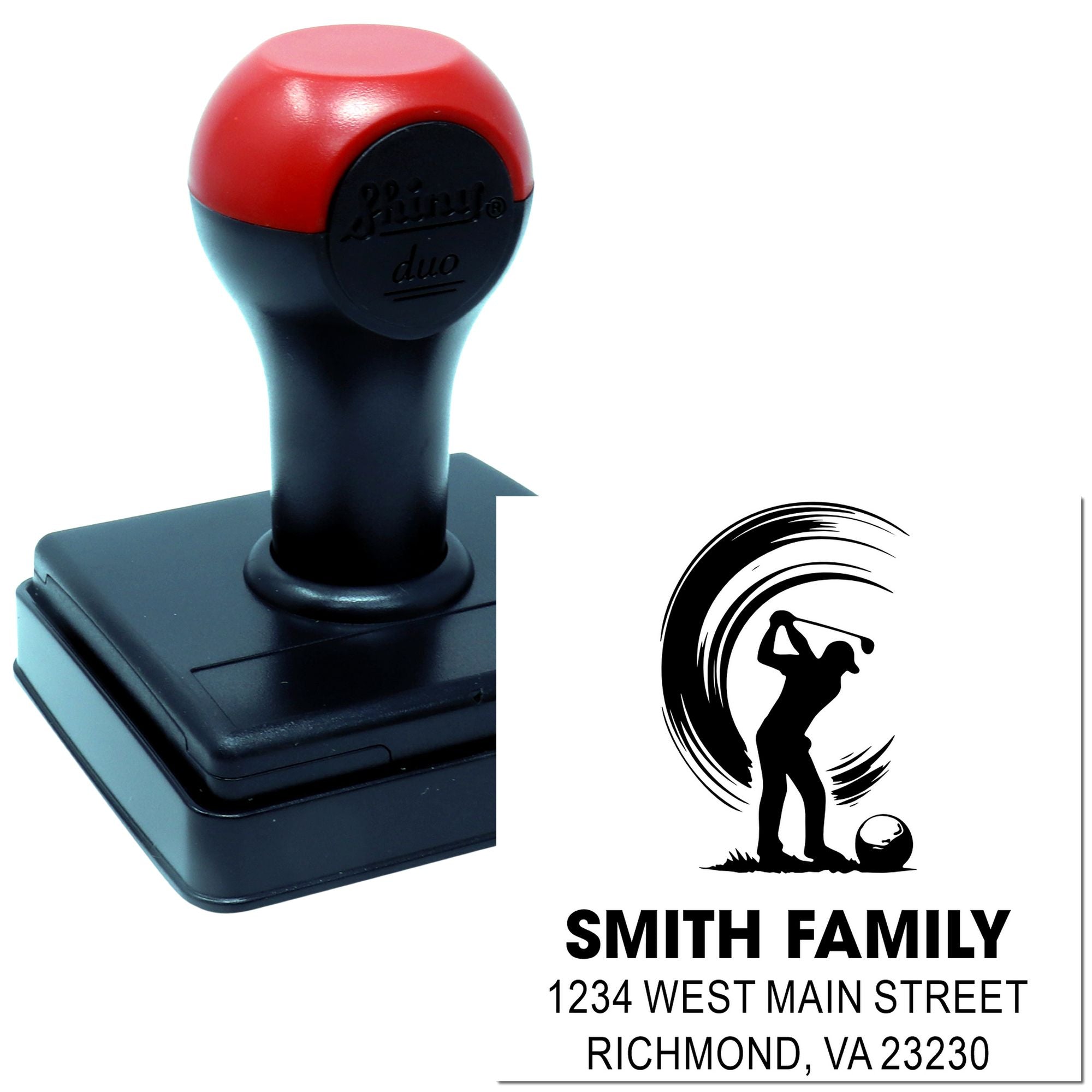Custom self-inking rubber address stamp with golfer logo, Smith Family name, and return address for mail.