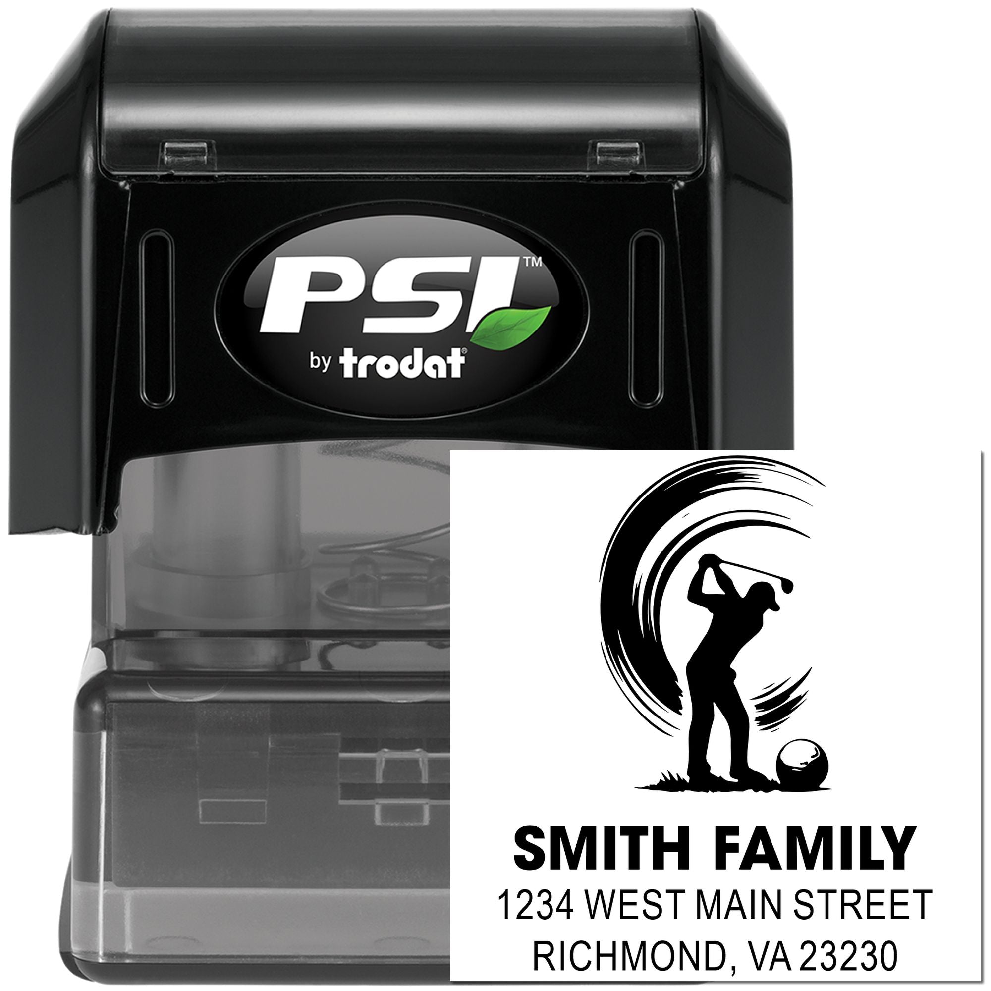 Custom self-inking return address rubber stamp with golfer design and family name, ideal for personalized mailing and envelopes.