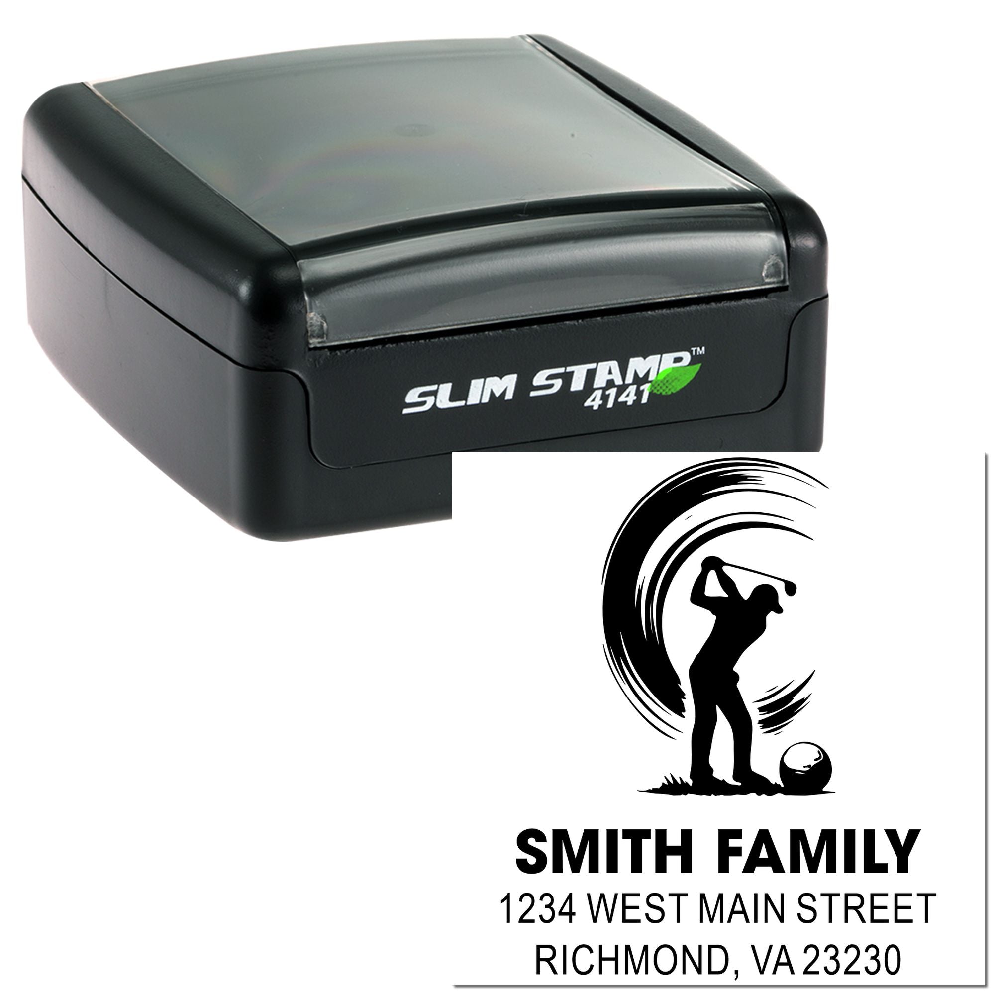 Custom self-inking Slim Stamp 4141 with golfer family return address design for personalized mailing and branding.