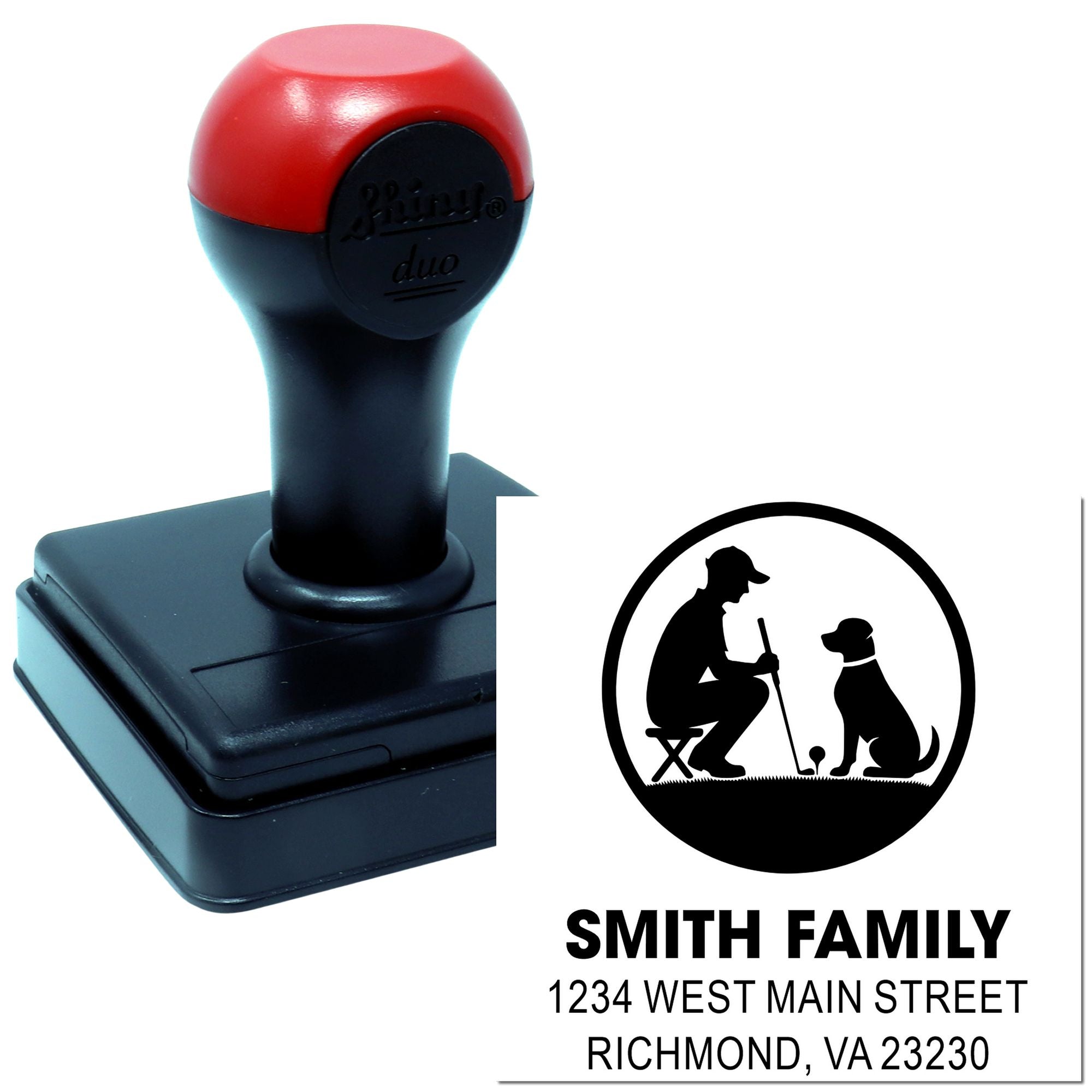 Custom self-inking rubber address stamp with golfer and dog design for Smith Family, Richmond, VA return mail.