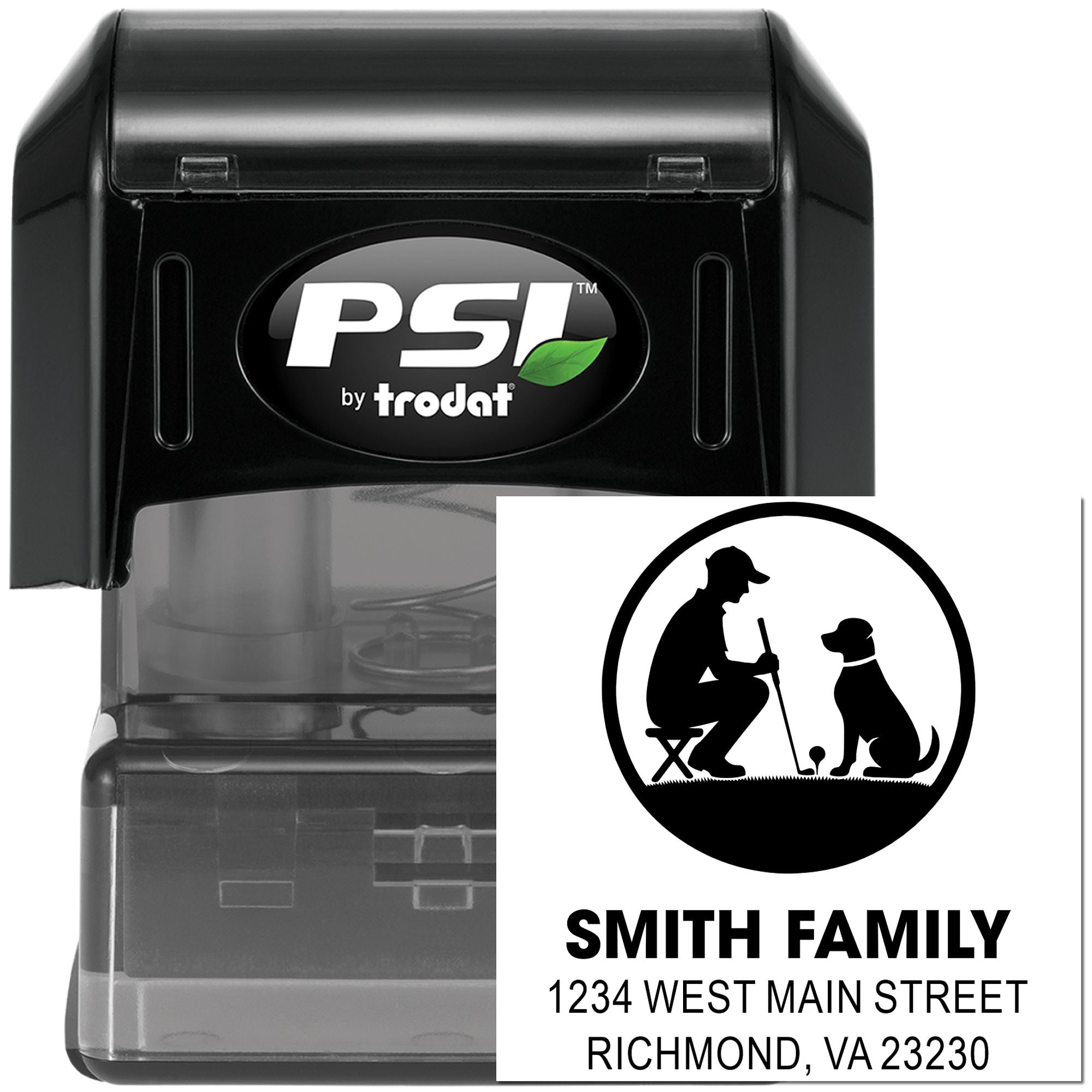 Custom self-inking address stamp for Smith Family, PSI by Trodat, with golfer and dog logo.