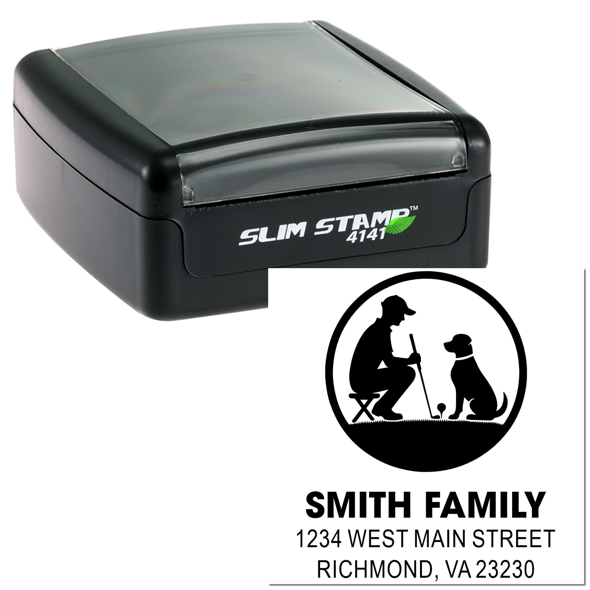 Custom self-inking rubber address stamp with golfer and dog family logo for personalized mailing labels.