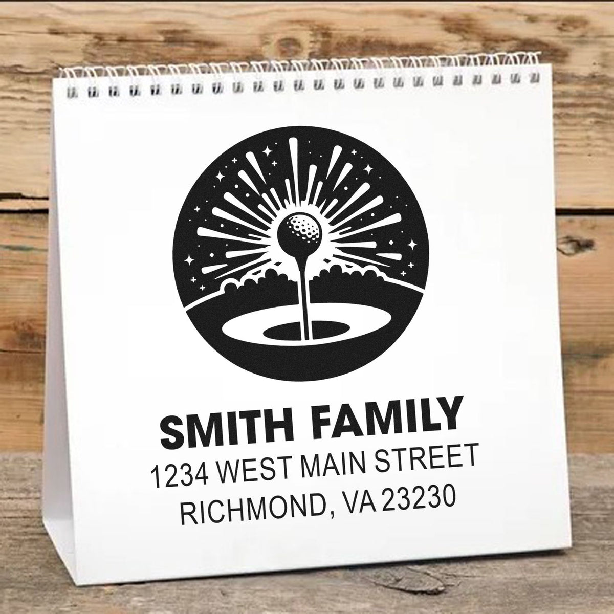 Custom golf-themed return address rubber stamp for the Smith family with personalized name and Richmond, VA address.