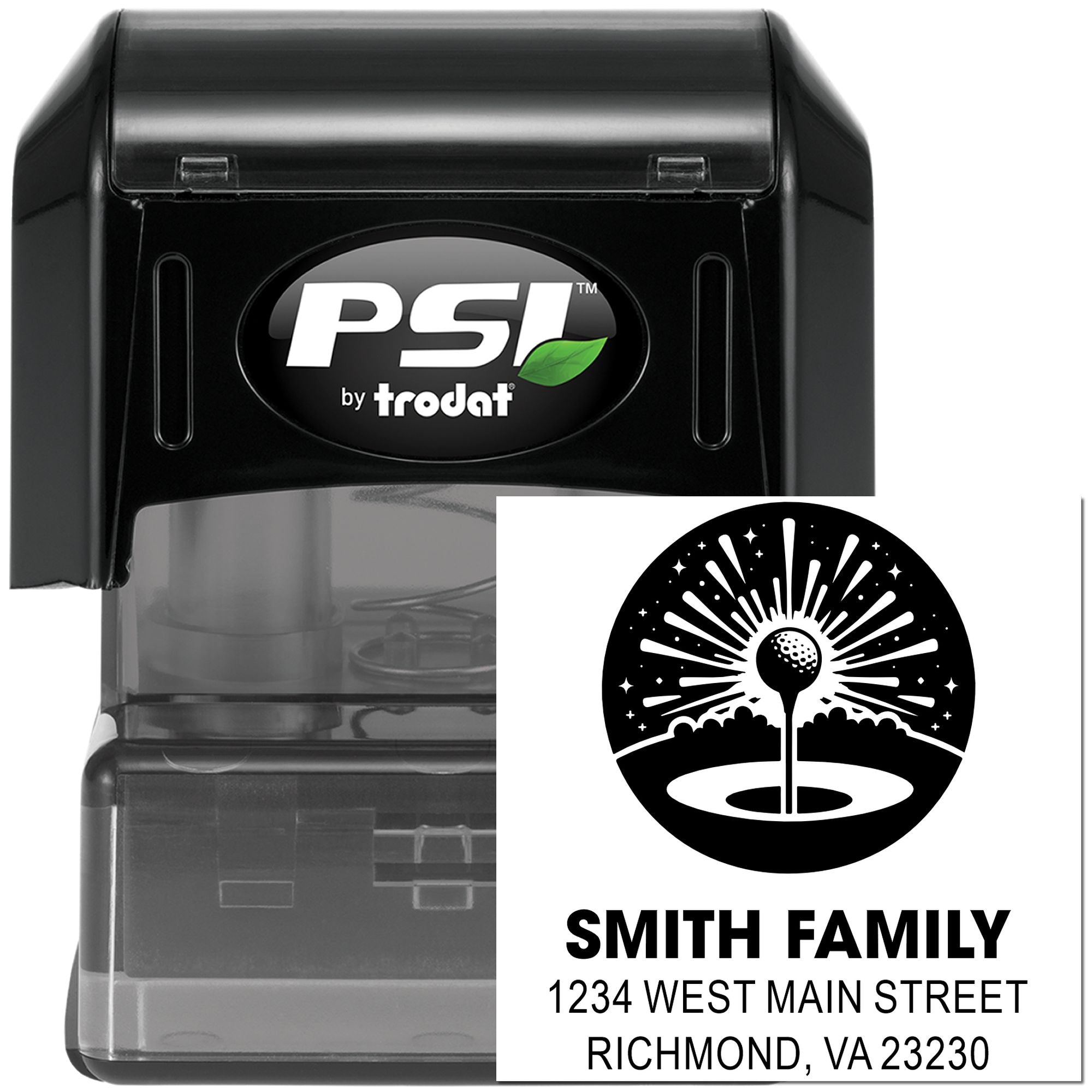 Custom self-inking rubber address stamp by PSI Trodat with family name, address, and golf-themed logo.