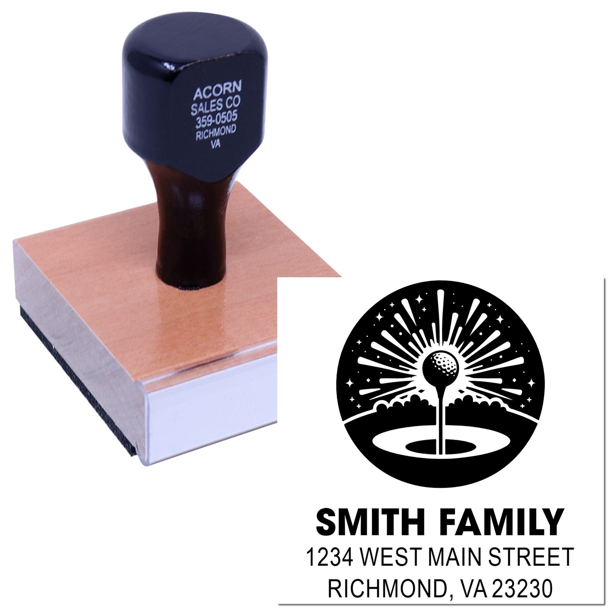 Custom return address rubber stamp with personalized family name, logo, and address imprint for envelopes.