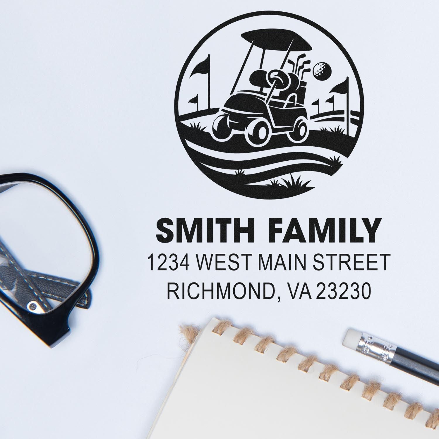 Personalized return address rubber stamp with golf cart design for Smith Family, Richmond, VA 23230