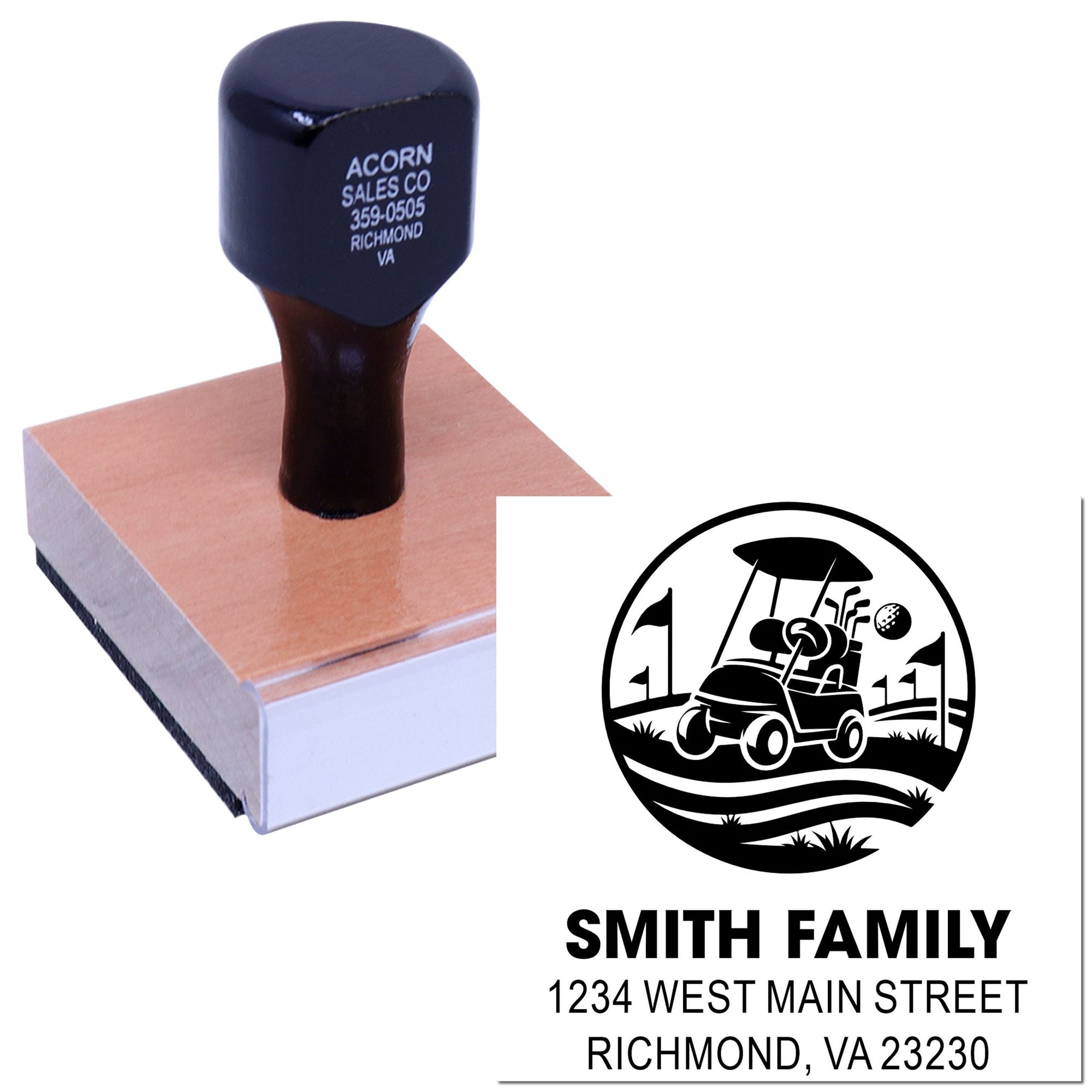 Custom return address rubber stamp with family logo design for personalized mailing and home address labeling.
