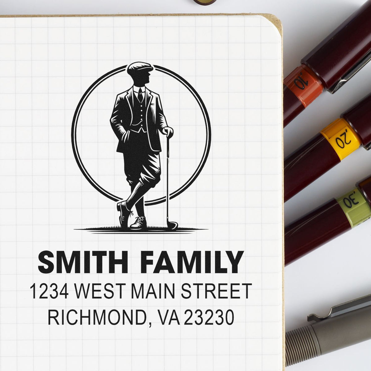 Custom golf-themed family address stamp with Smith Family and Richmond, VA address for mail and stationery.
