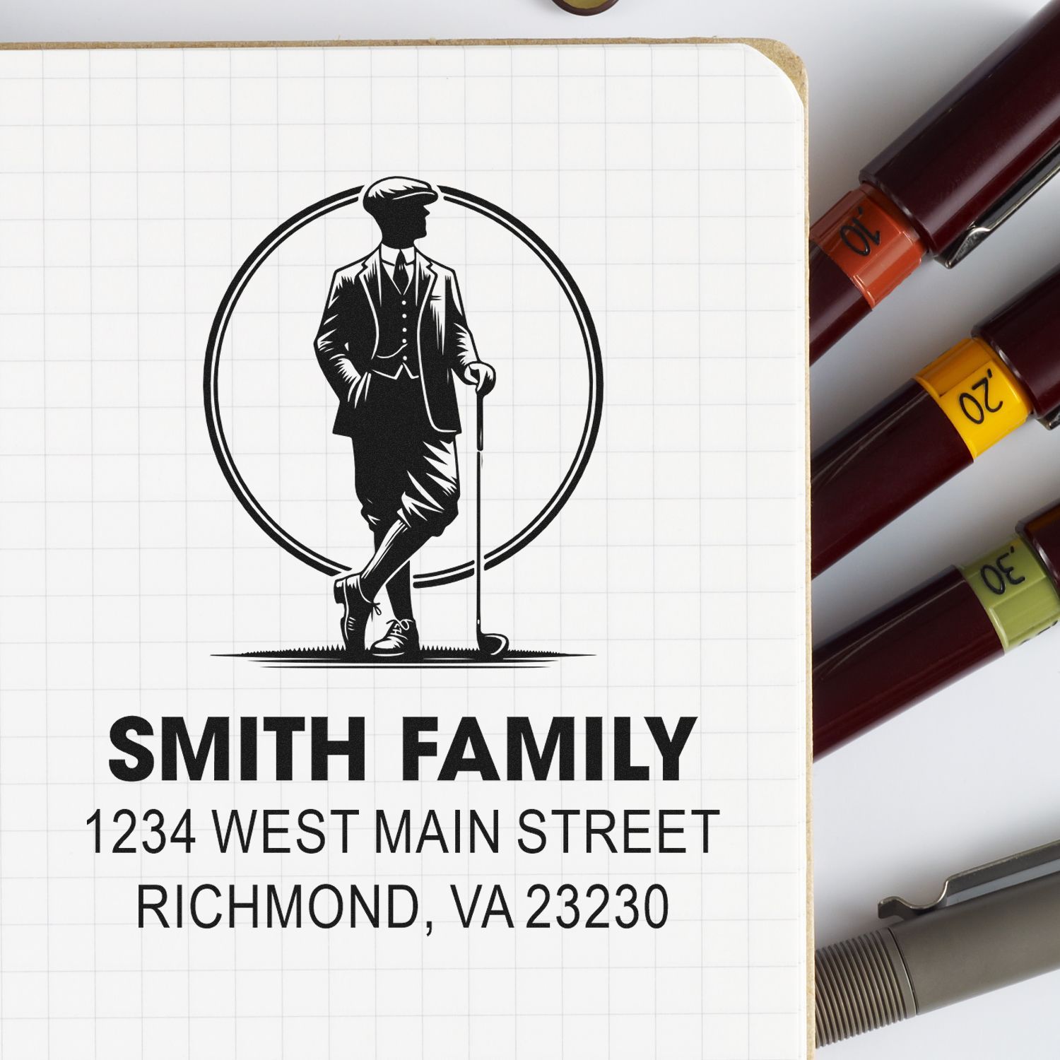 Custom golf-themed family address rubber stamp with Smith Family and Richmond, VA return address.