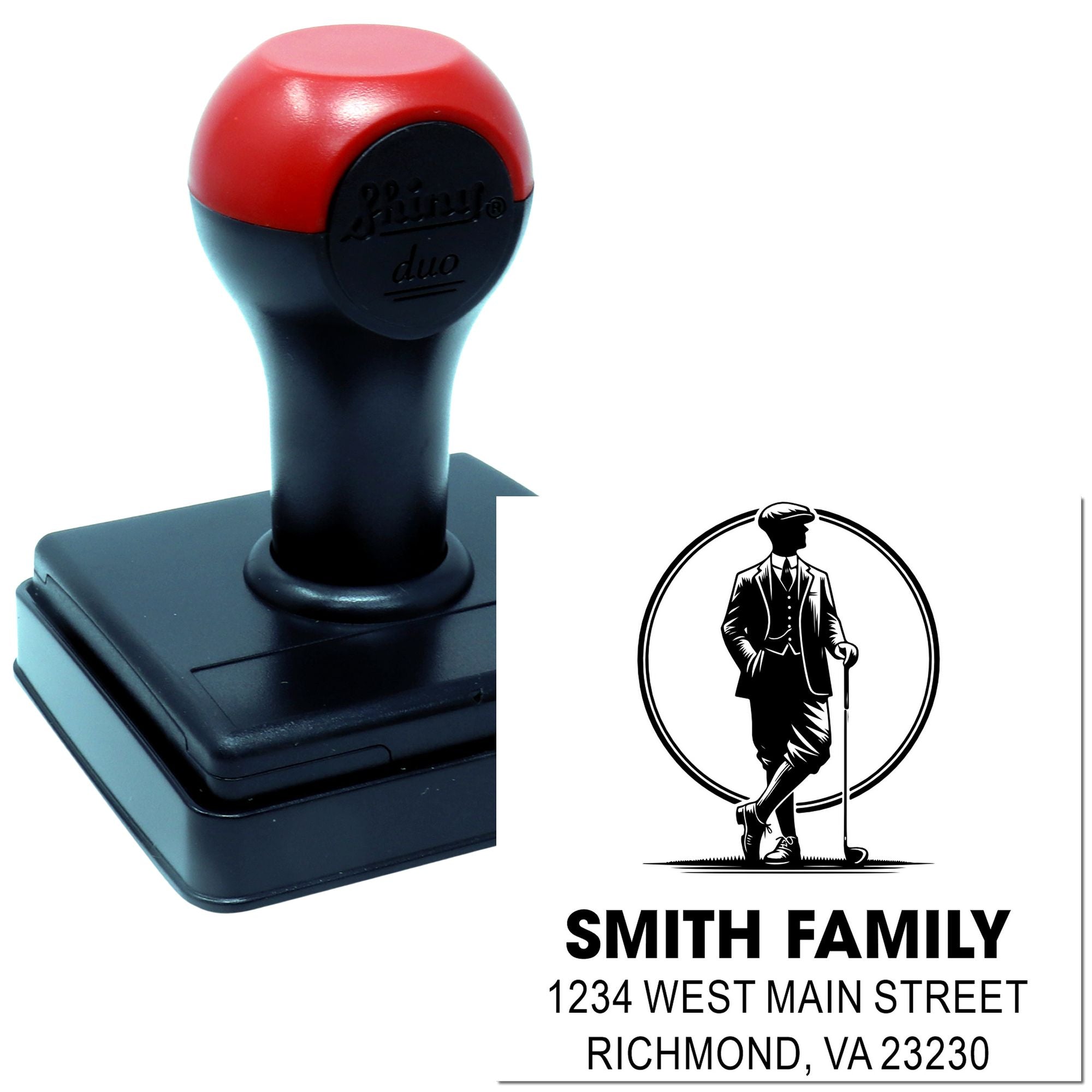 Custom self-inking rubber stamp with Smith Family return address and golf-themed design for personalized mailing.