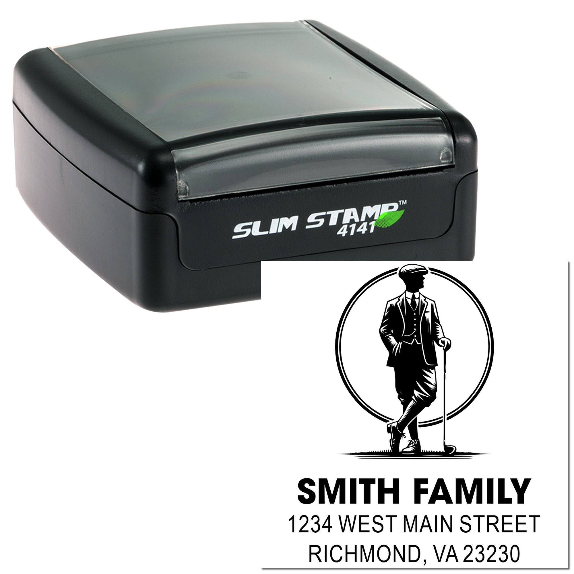 Custom golfer family return address rubber stamp with Slim Stamp 4141 self-inking design for personalized mailing.