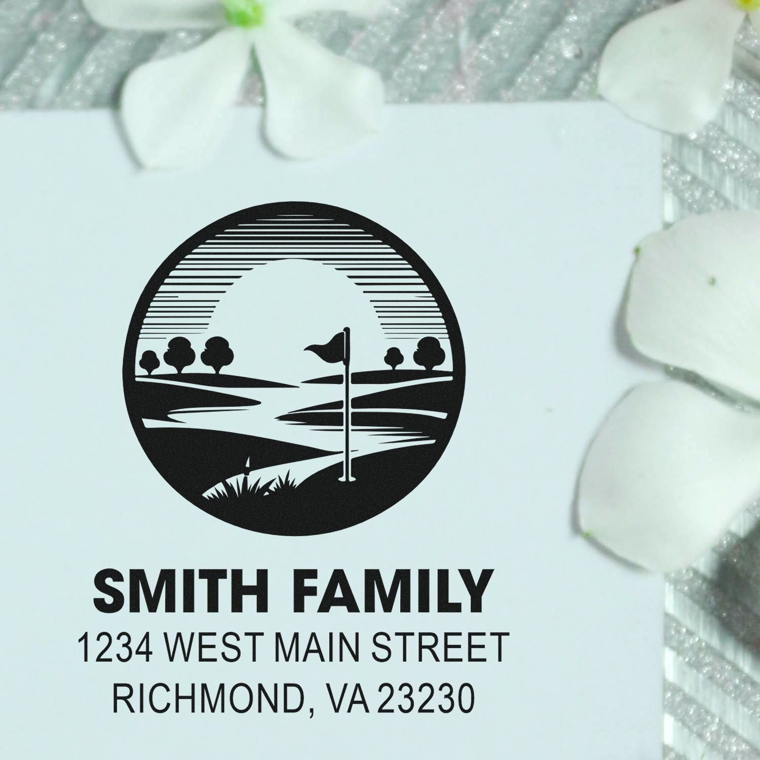 Custom return address rubber stamp with golf course logo, Smith family name, and Richmond, VA address.
