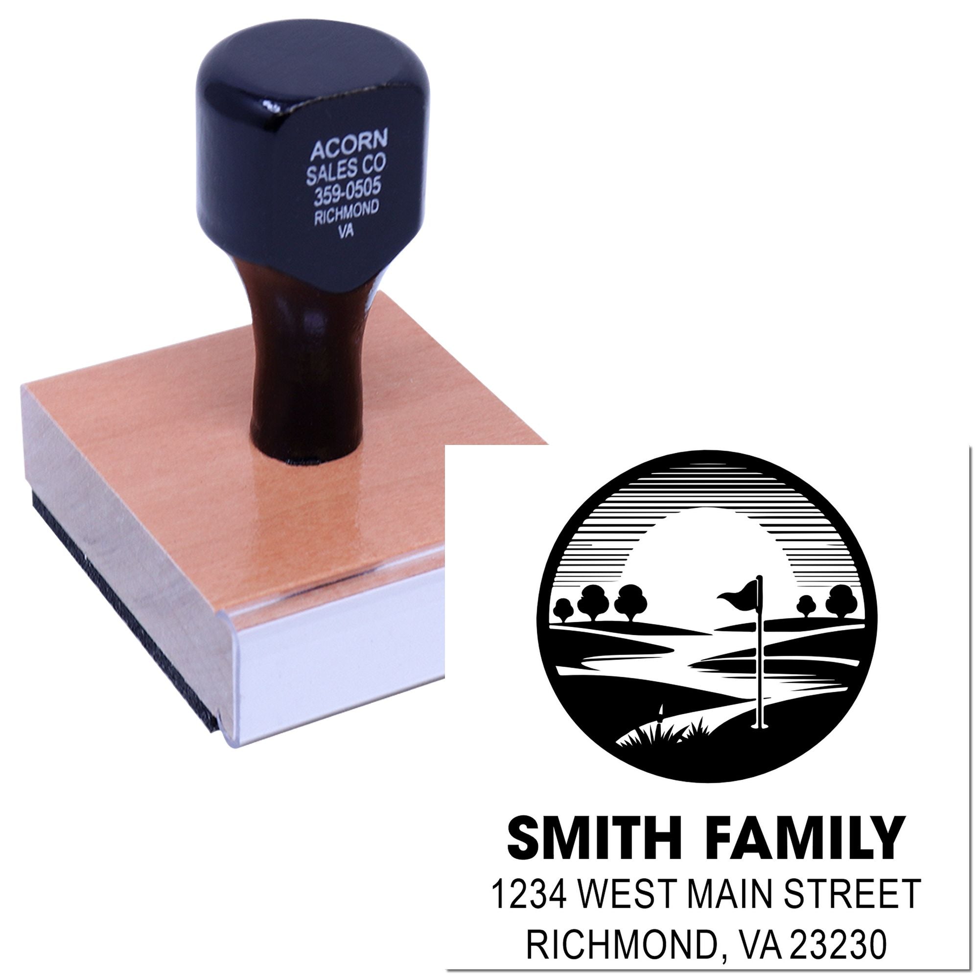 Custom rubber address stamp with family crest design and personalized return address for mailing.
