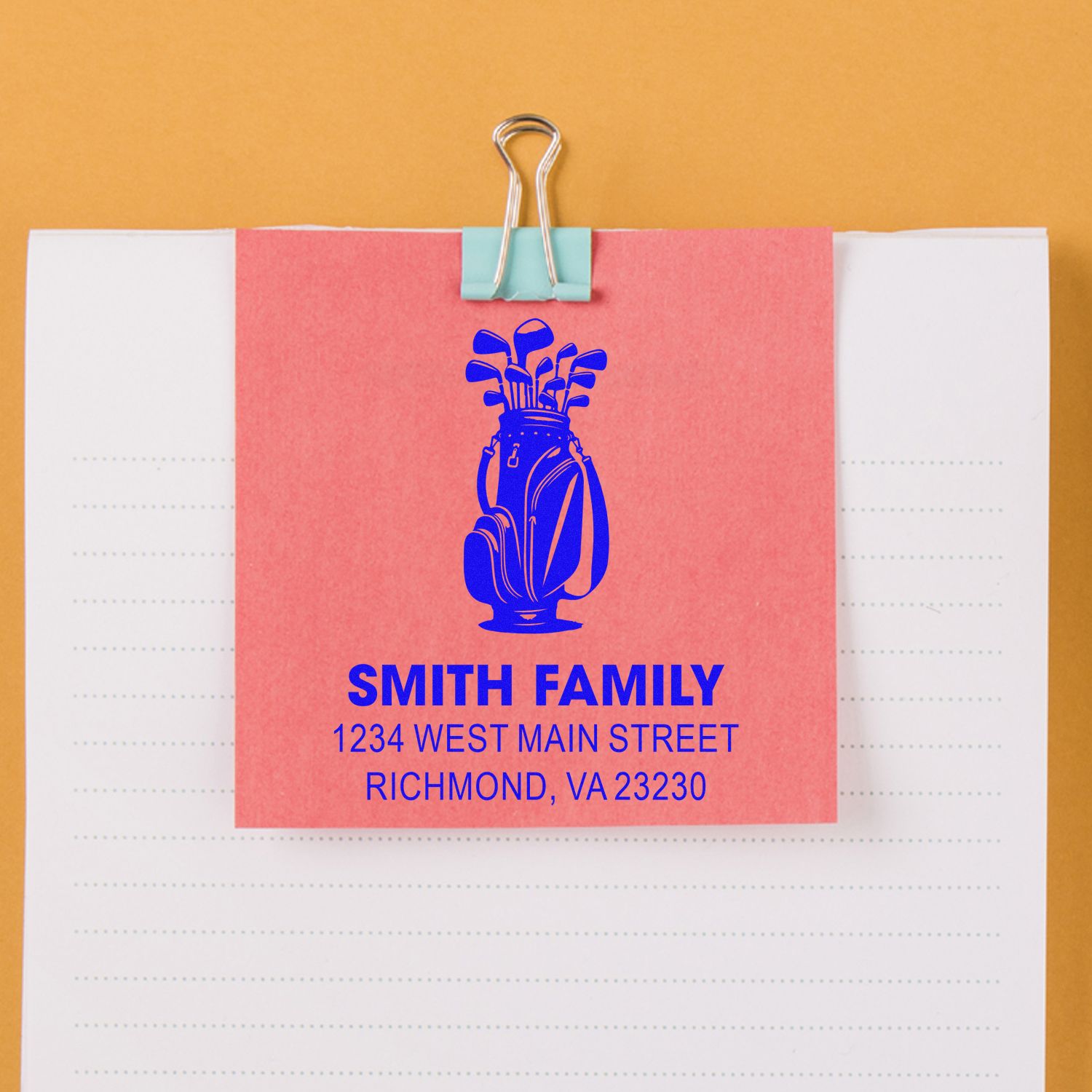 Personalized return address rubber stamp for Smith Family with golf bag logo.