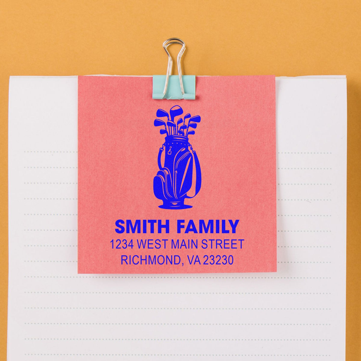 Personalized family return address rubber stamp with golf bag logo, Smith Family, Richmond VA.