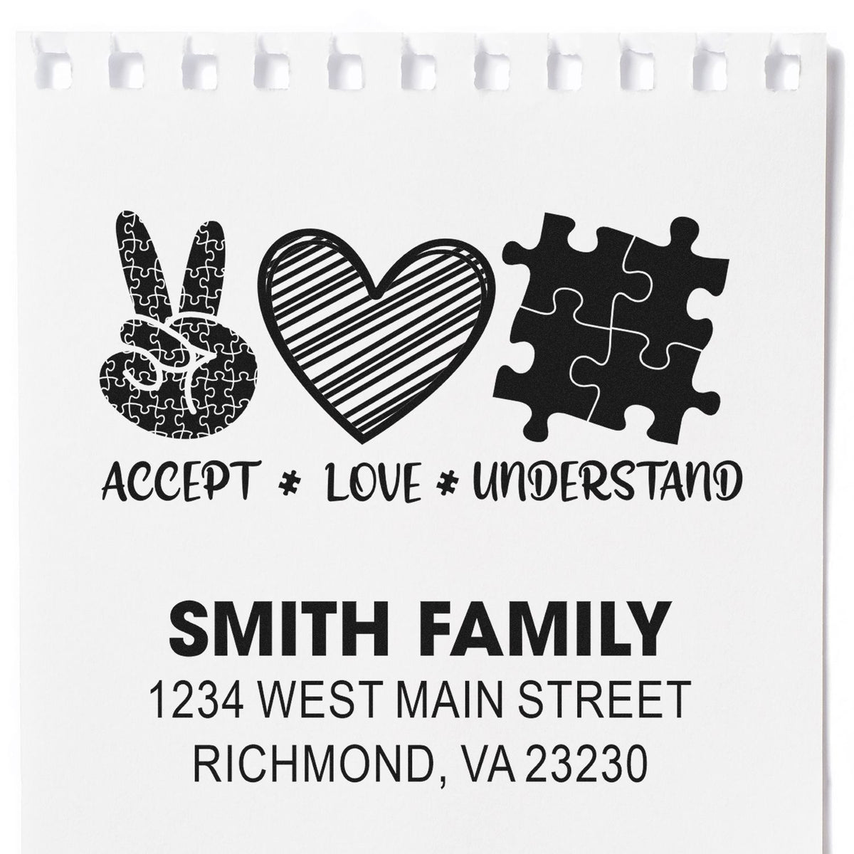 Personalized return address rubber stamp proof with puzzle peace sign, heart, and family name design.