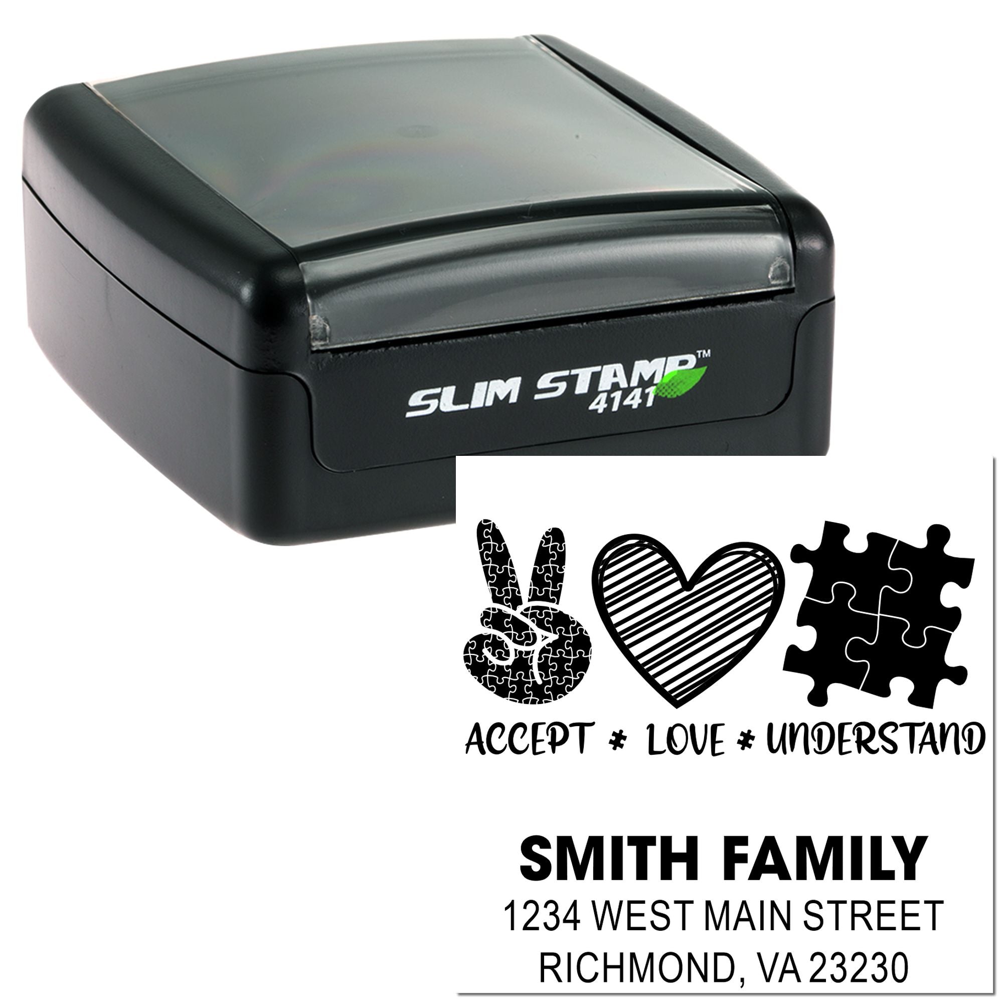 Slim Stamp 4141 custom self-inking rubber stamp with Smith family return address design and Accept Love Understand imprint