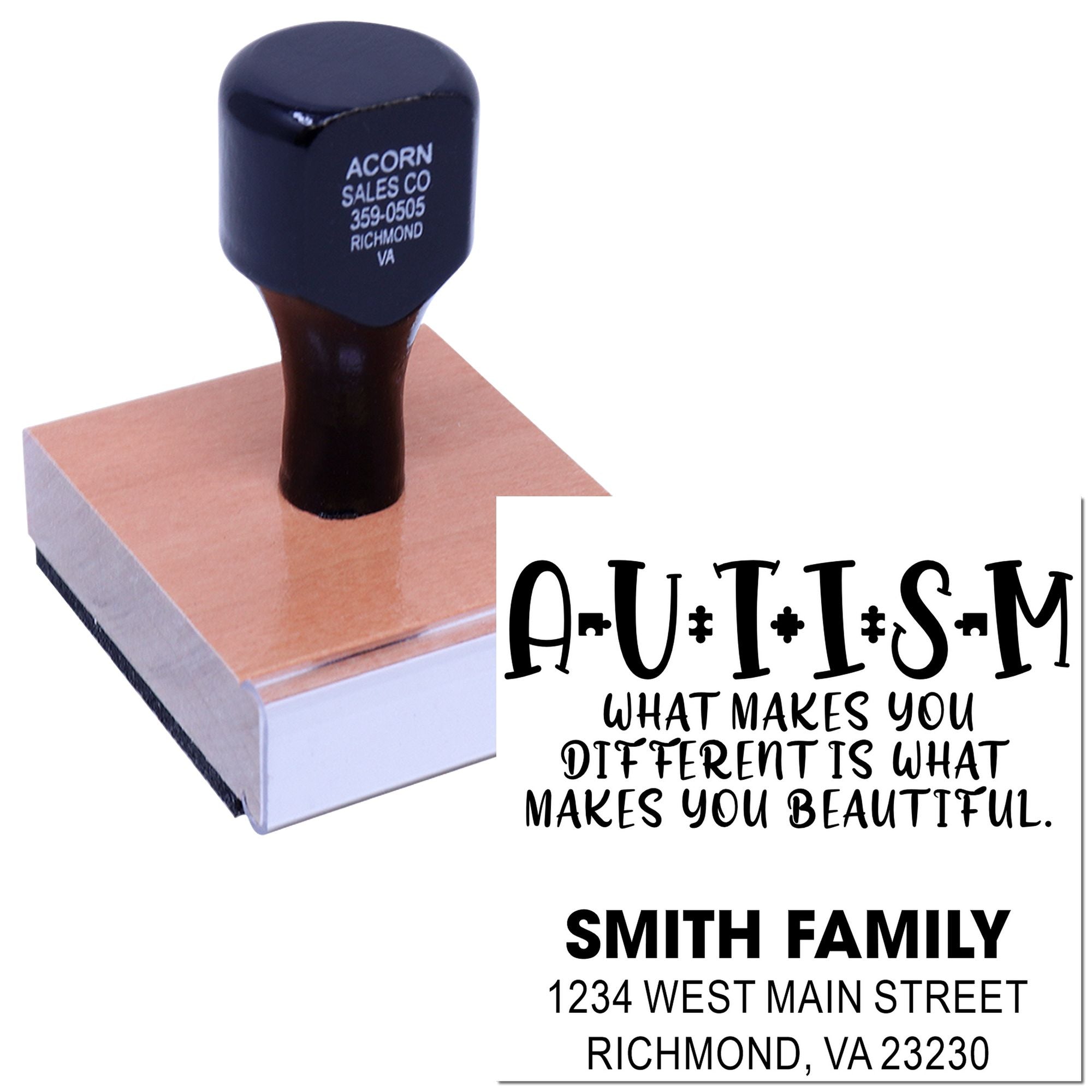 Custom rubber stamp for autism awareness and personalized address stamping with Smith Family name and Richmond, VA.