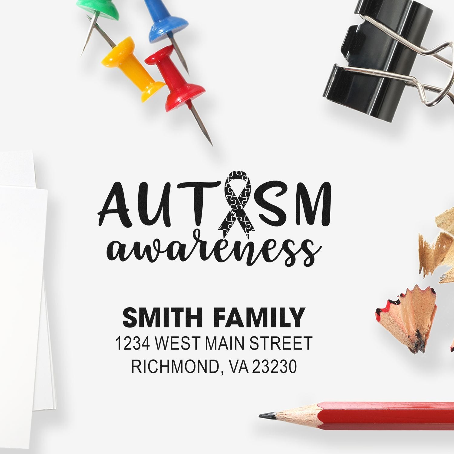Personalized autism awareness return address rubber stamp for Smith family with puzzle ribbon design.