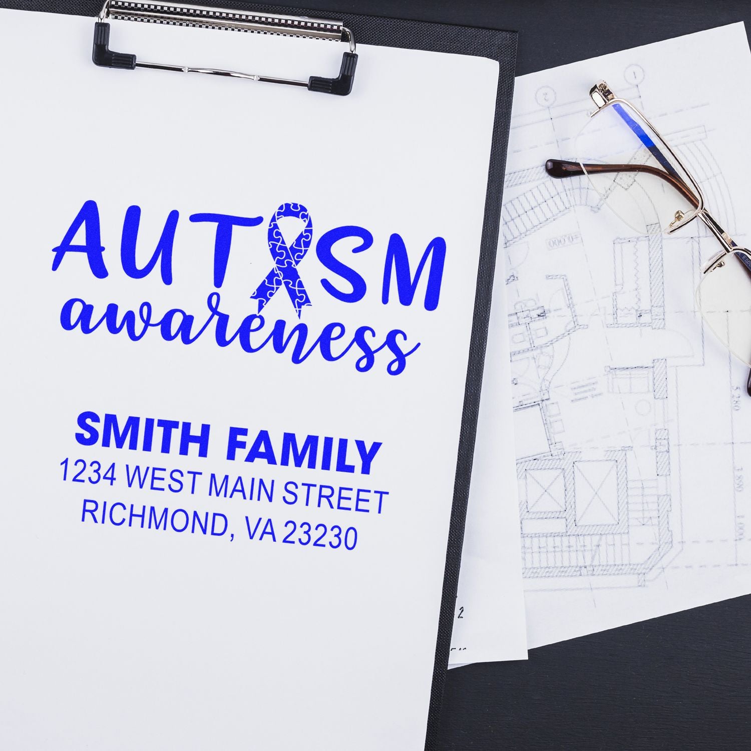 Custom autism awareness rubber stamp with Smith family name and address for personalized return address stamping.