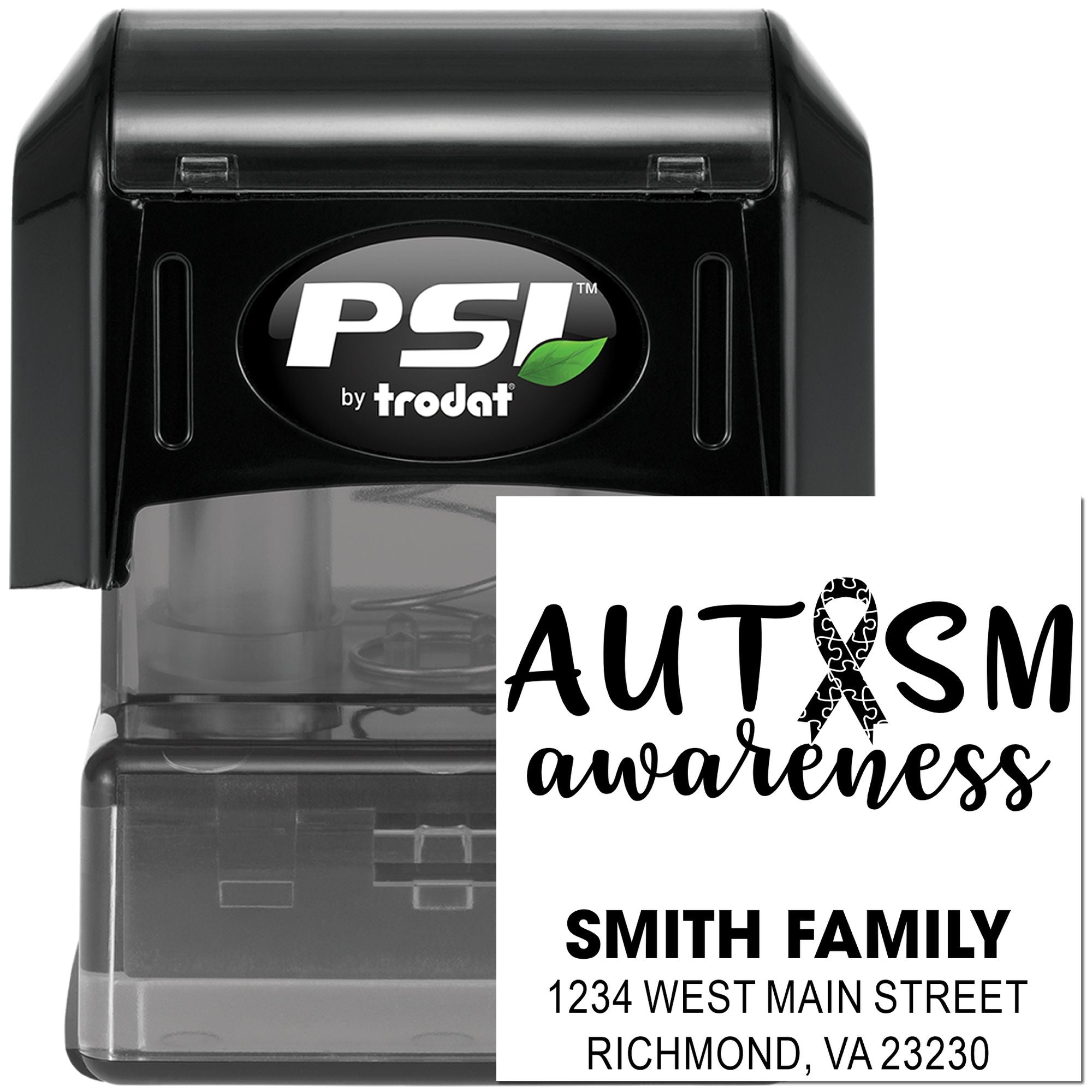PSI by Trodat self-inking rubber stamp for custom autism awareness return address labels, shown with Smith family address.