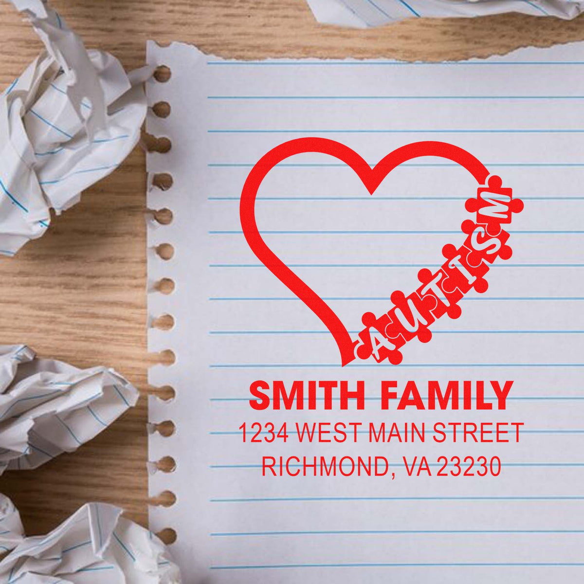 Personalized rubber stamp with heart design, featuring Smith Family custom return address in Richmond, VA.