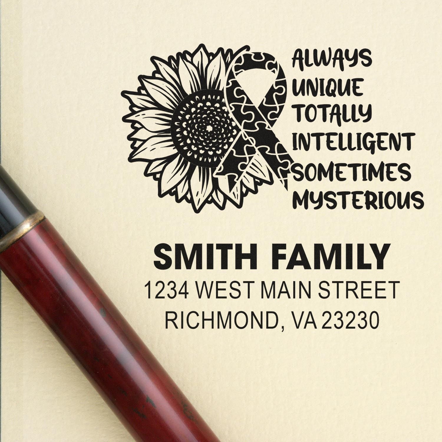 Personalized return address rubber stamp for Smith Family with sunflower puzzle ribbon and autism awareness design