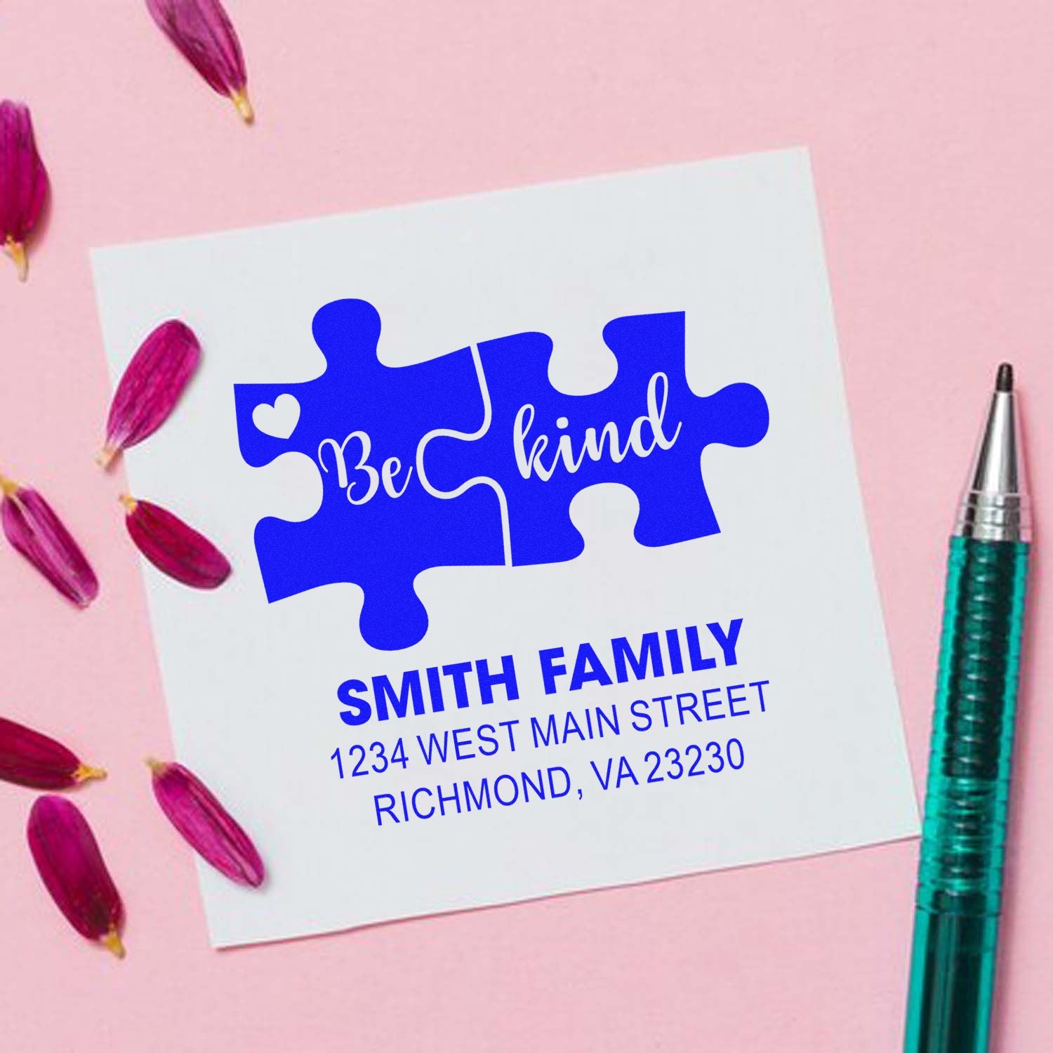 Custom return address rubber stamp with Be Kind puzzle design for Smith family mailing cards and labels.